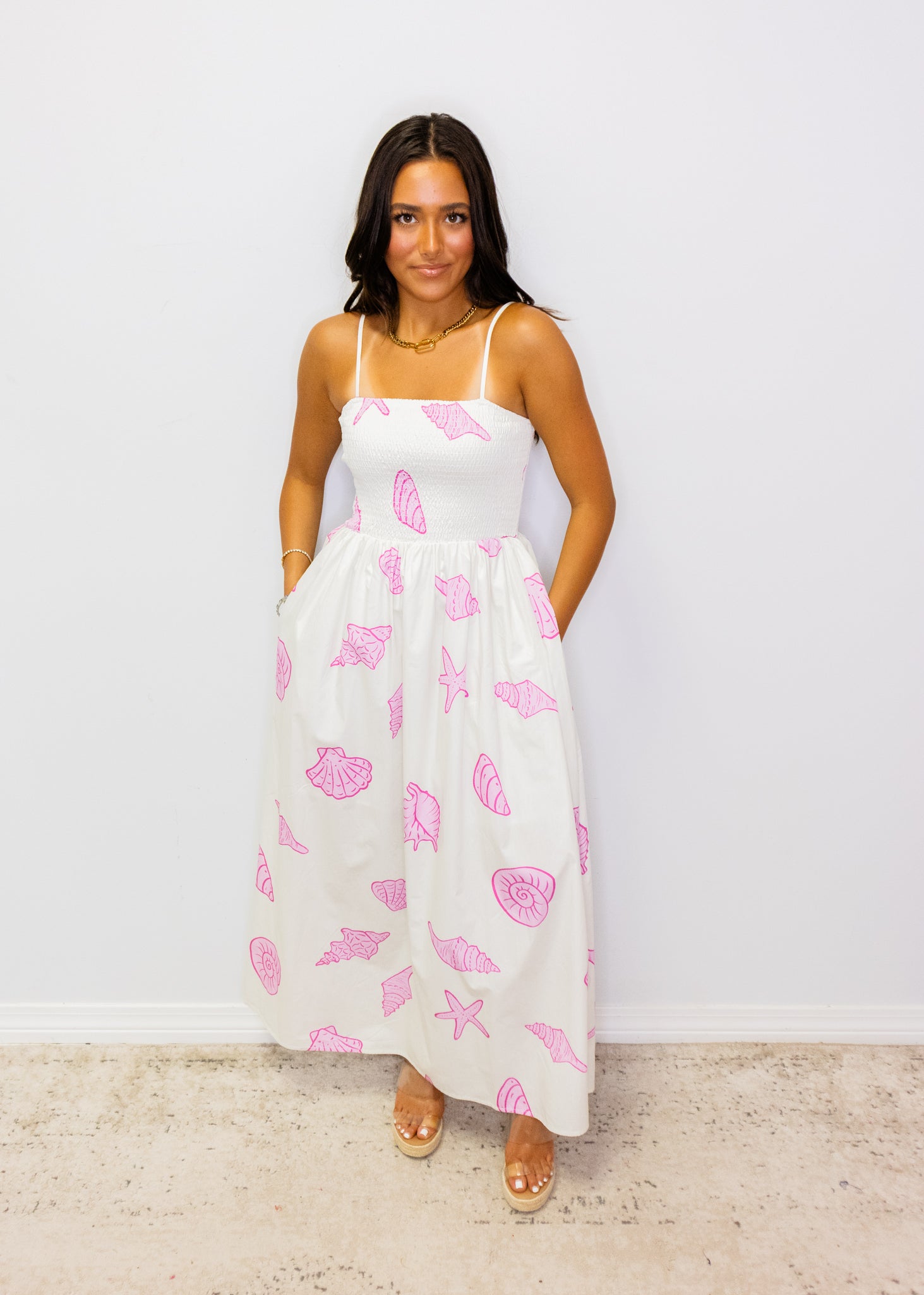 Pink Seashell Print Midi Dress