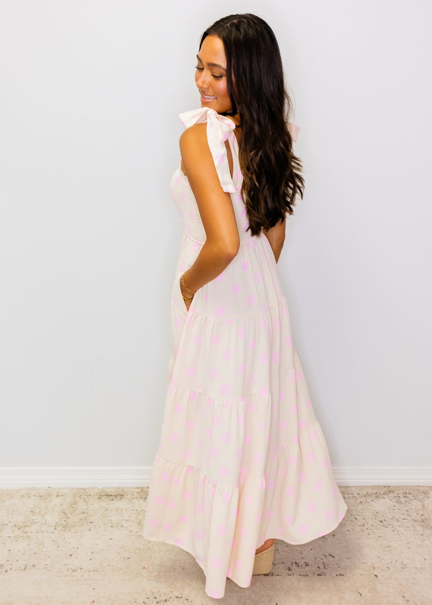 Pink Polka Dot Smock Midi Dress