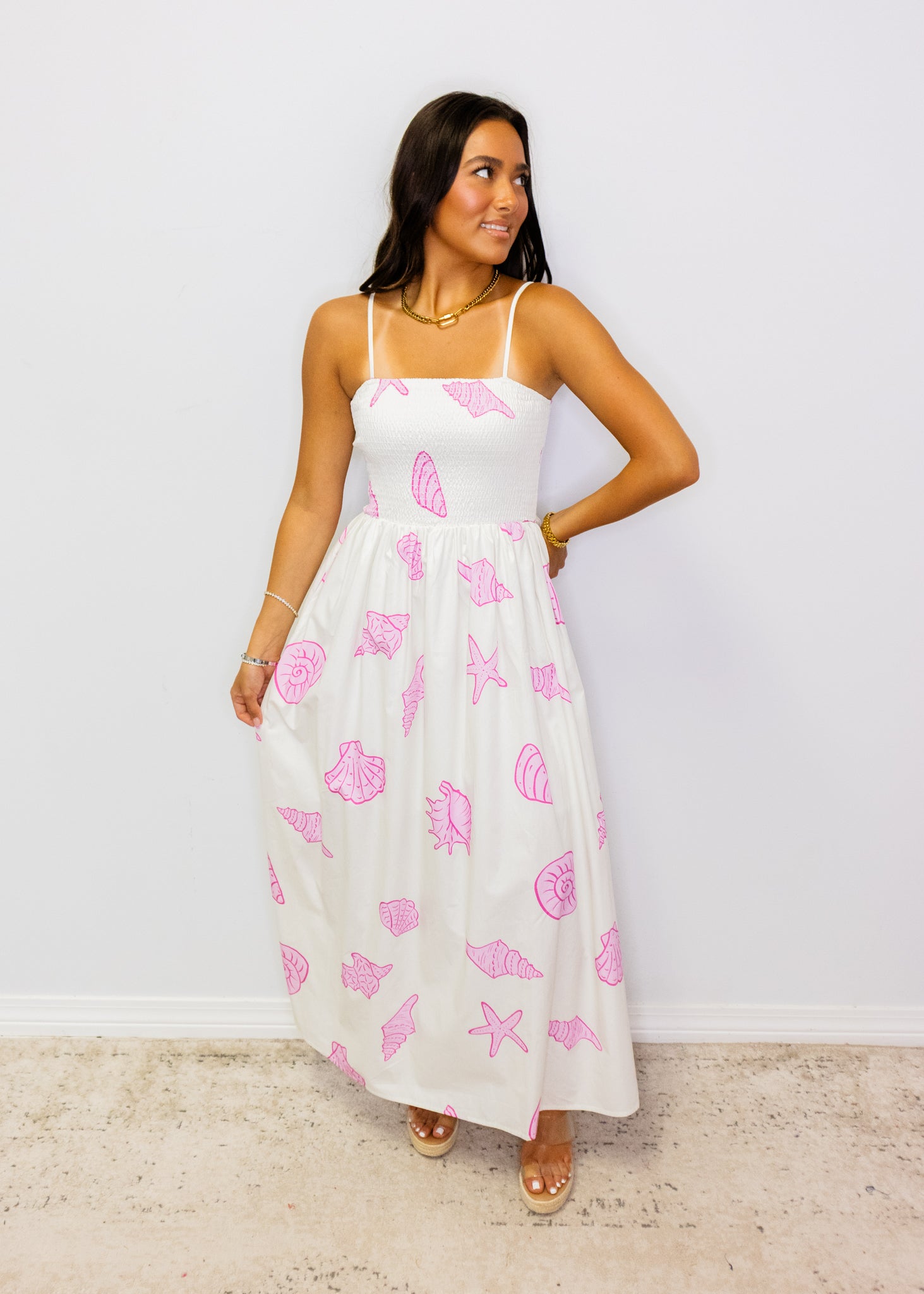 Pink Seashell Print Midi Dress