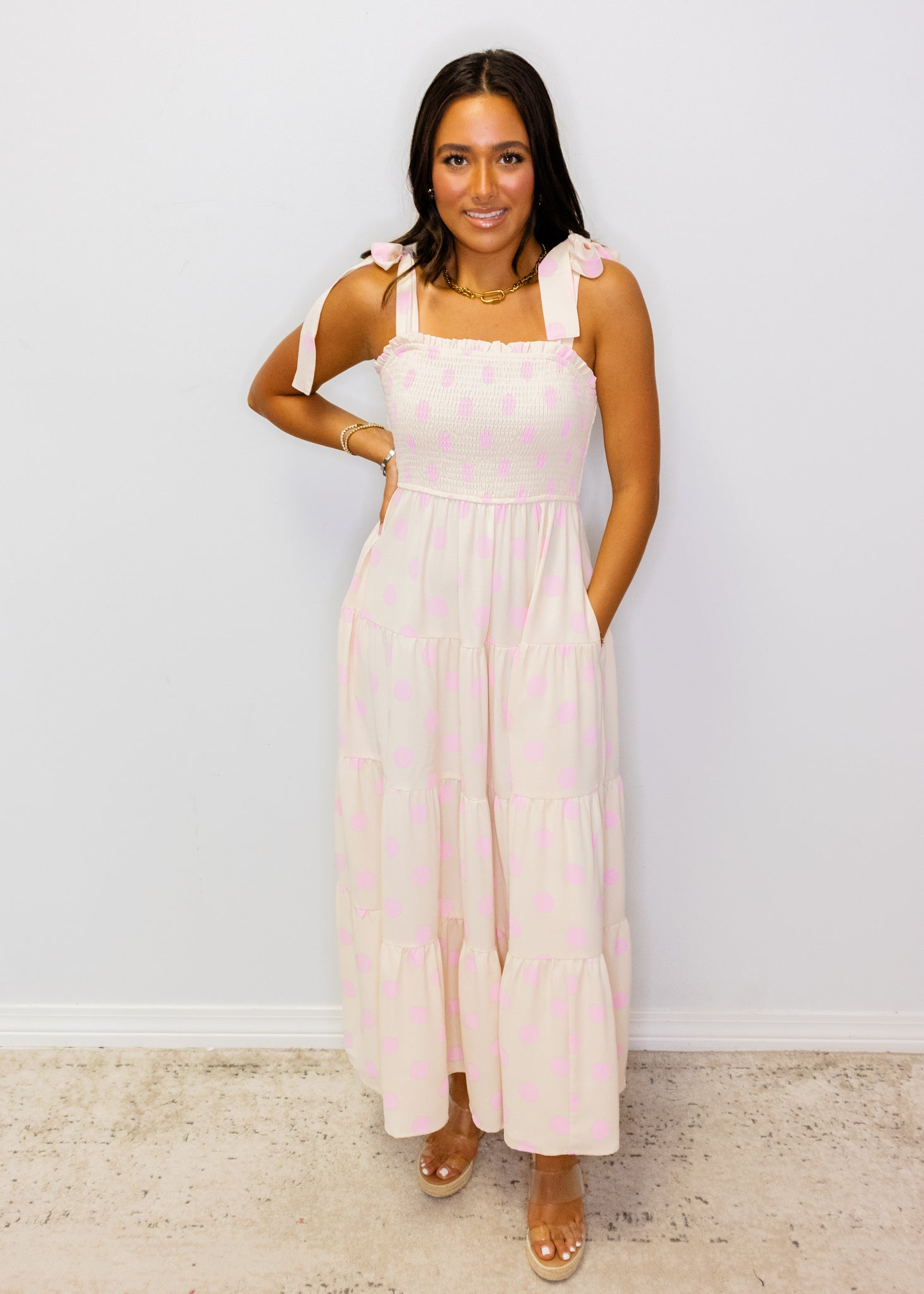 Pink Polka Dot Smock Midi Dress