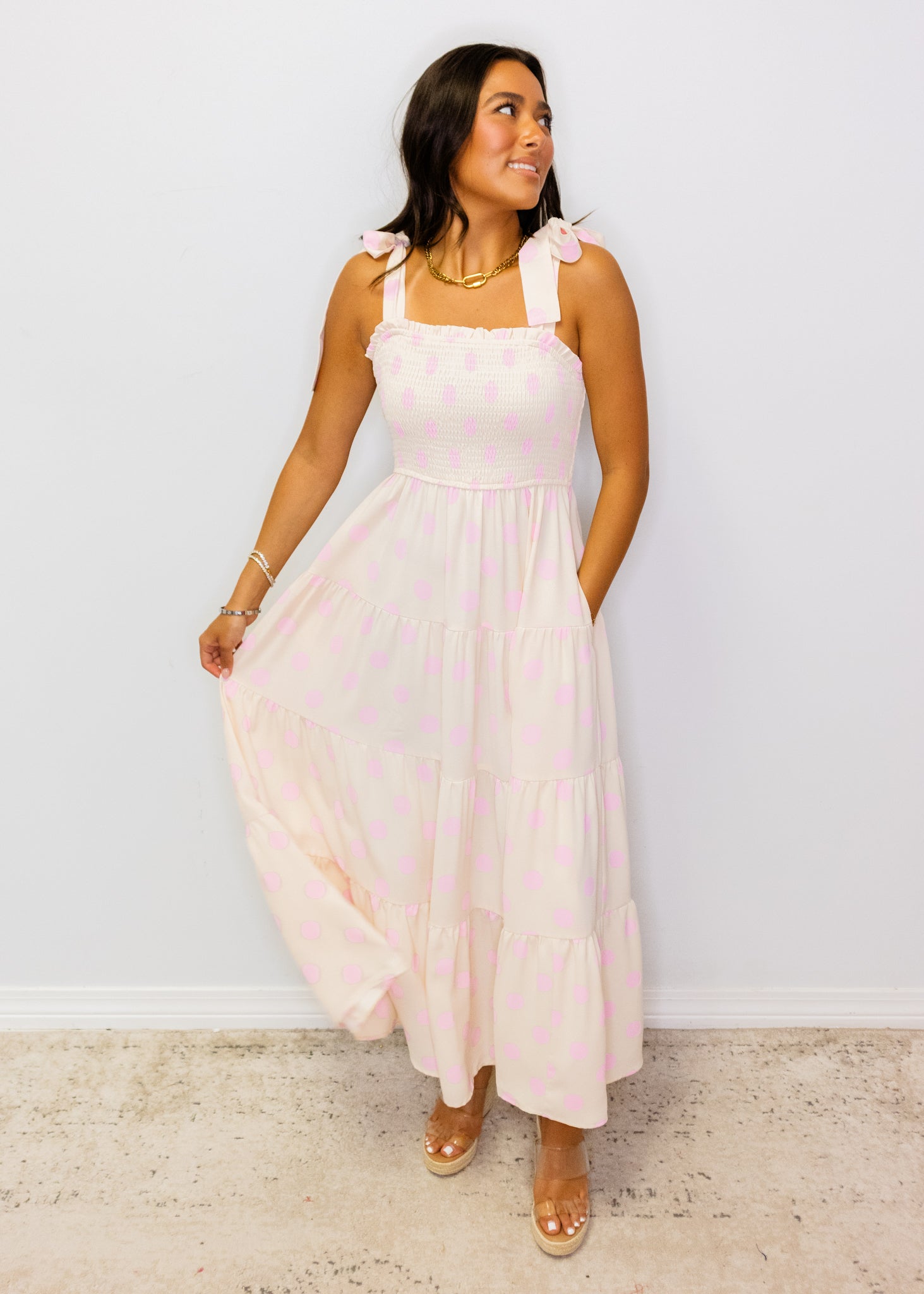 Pink Polka Dot Smock Midi Dress — Love, ivy Boutique MS
