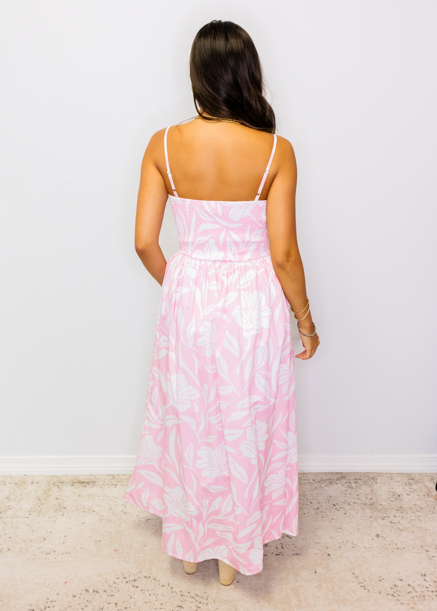 Pink Tropical Smocked Bodice Midi Dress