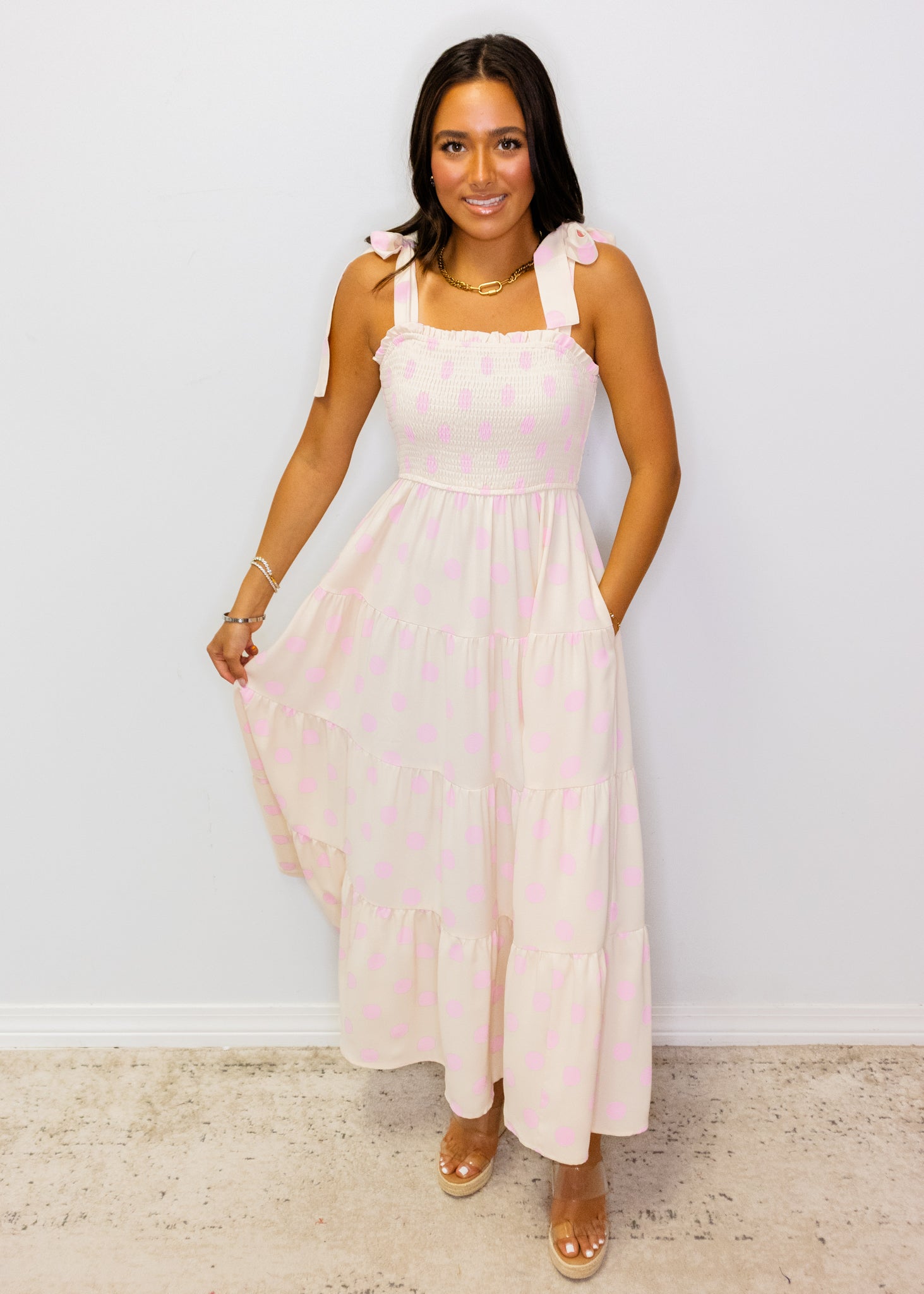 Pink Polka Dot Smock Midi Dress