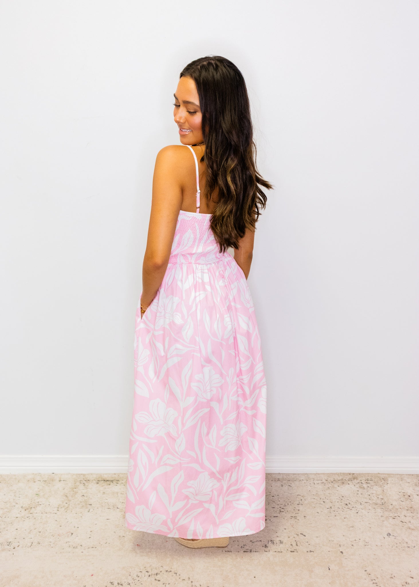 Pink Tropical Smocked Bodice Midi Dress