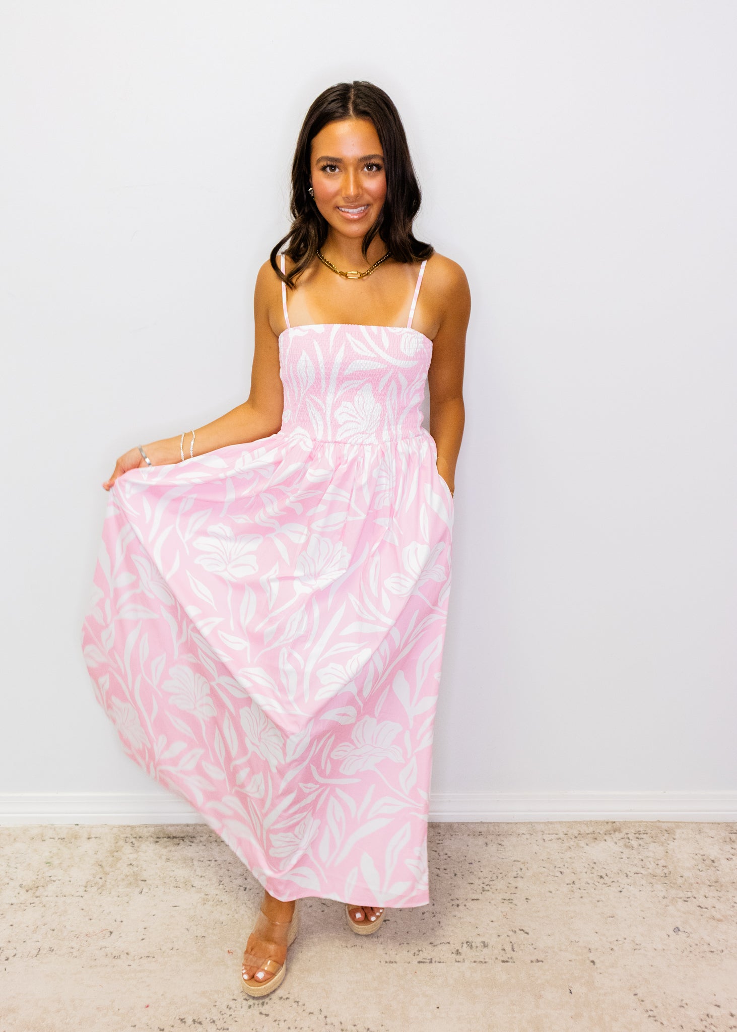 Pink Tropical Smocked Bodice Midi Dress