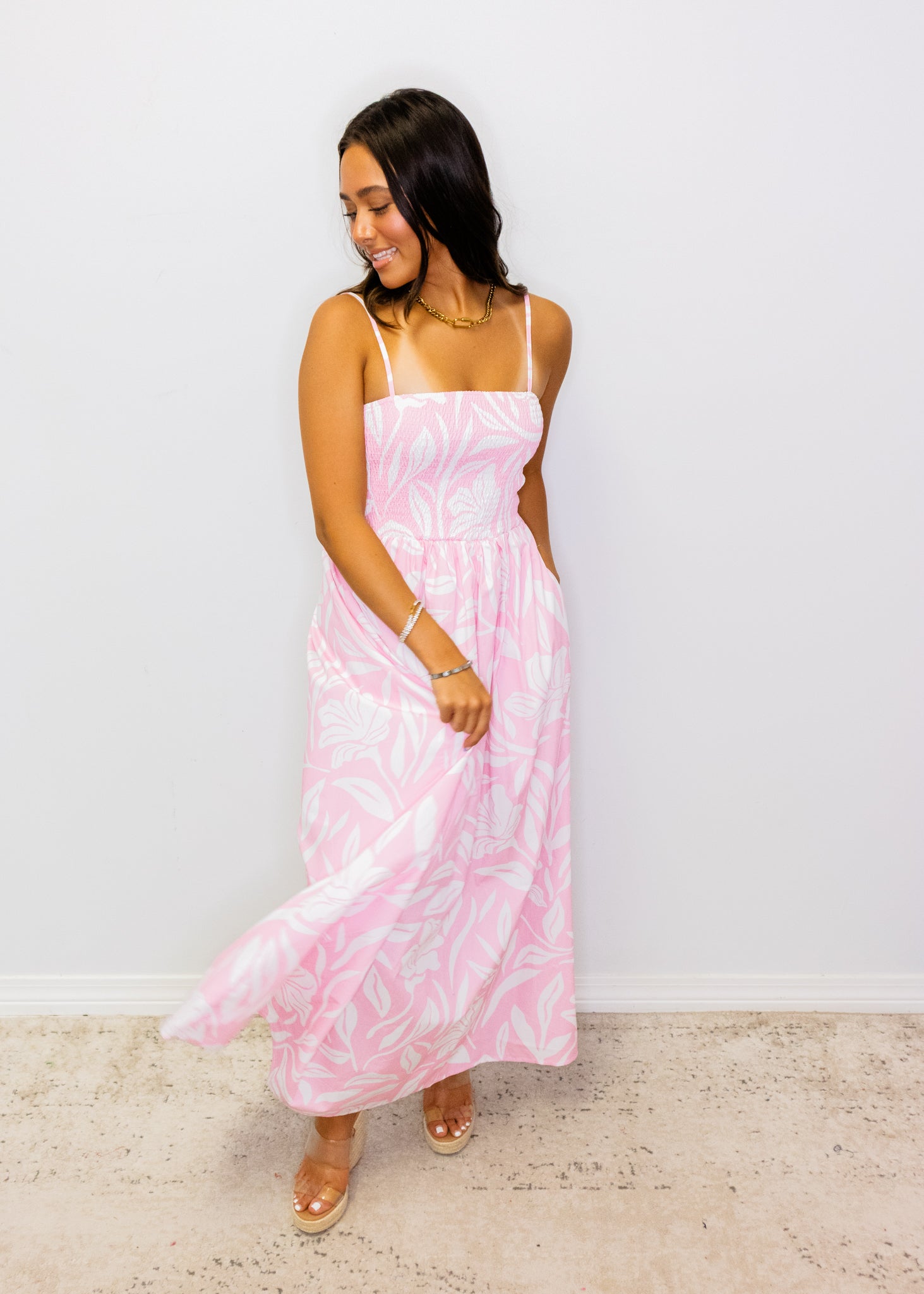 Pink Tropical Smocked Bodice Midi Dress