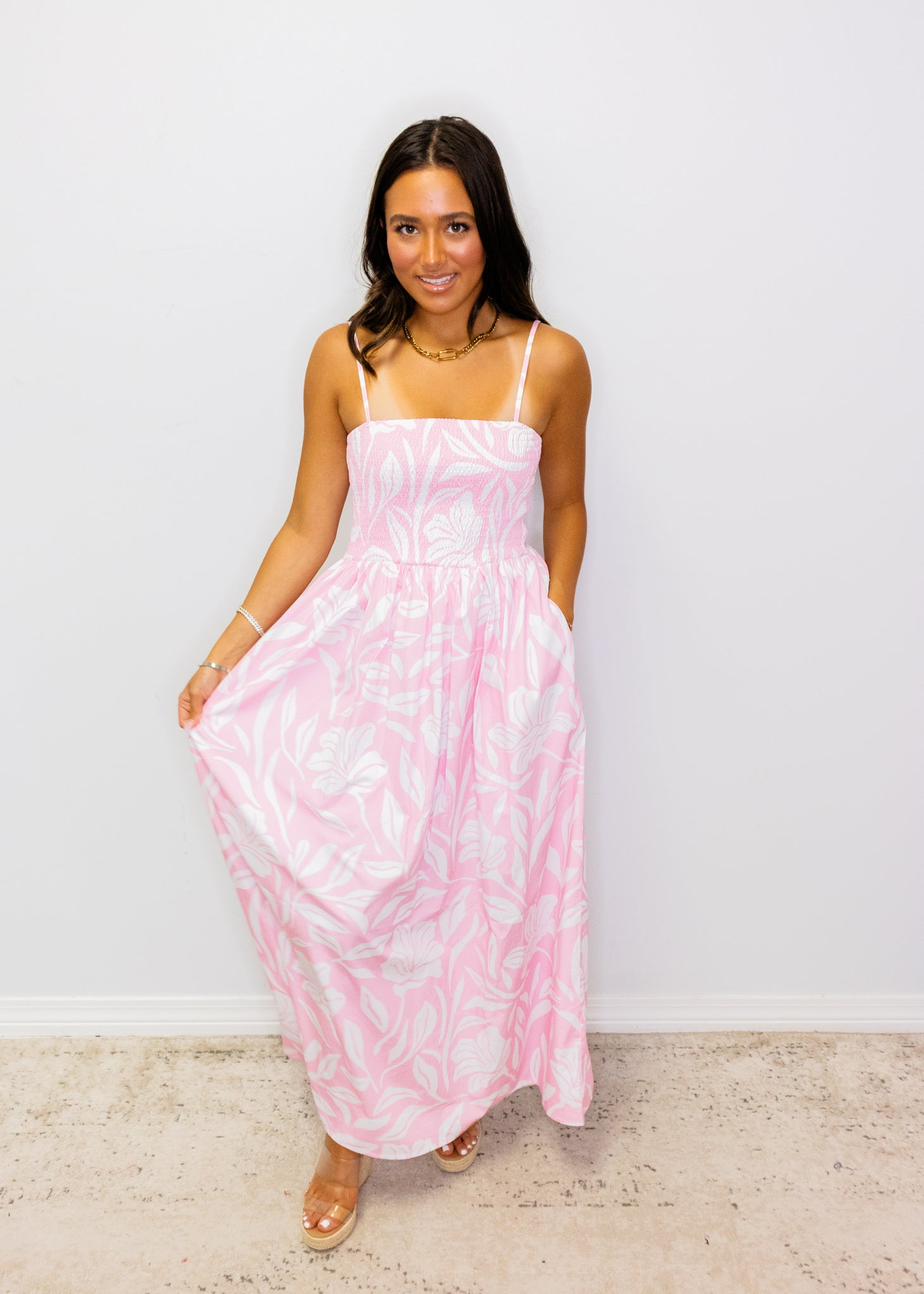 Pink Tropical Smocked Bodice Midi Dress
