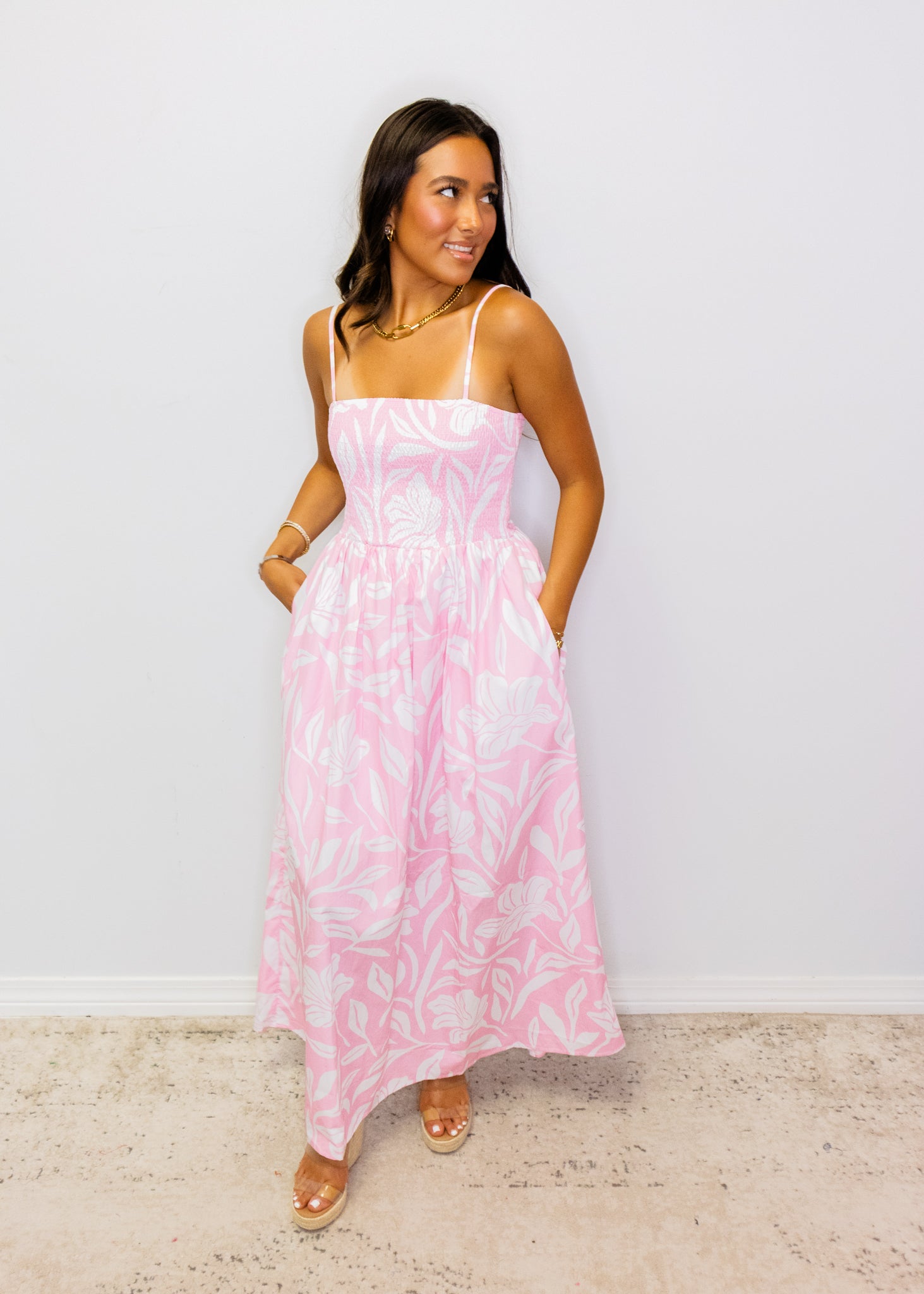 Pink Tropical Smocked Bodice Midi Dress