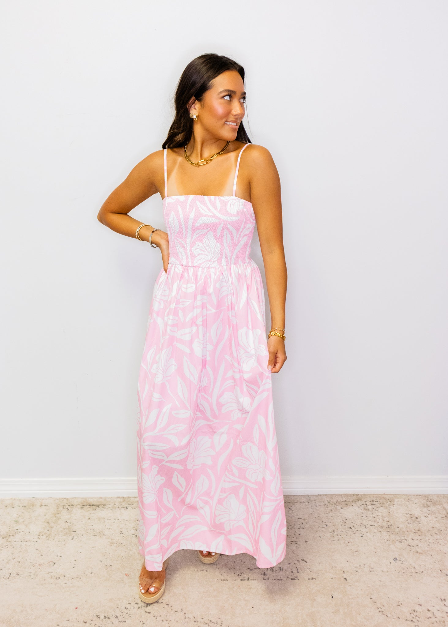 Pink Tropical Smocked Bodice Midi Dress