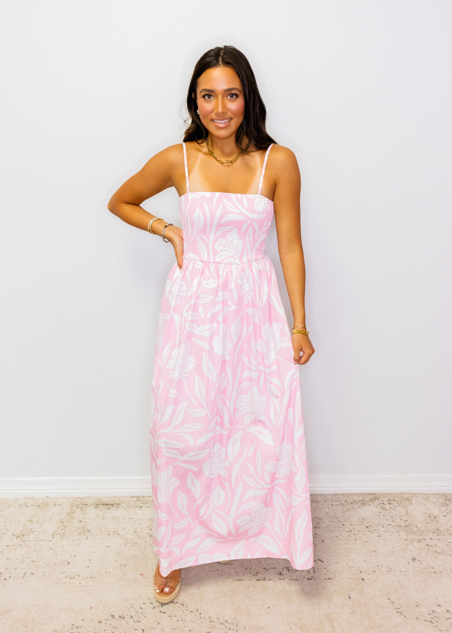 Pink Tropical Smocked Bodice Midi Dress