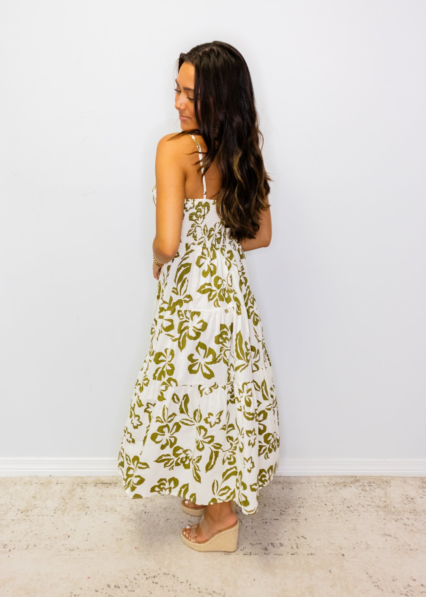 Green & White Tropical Maxi Dress