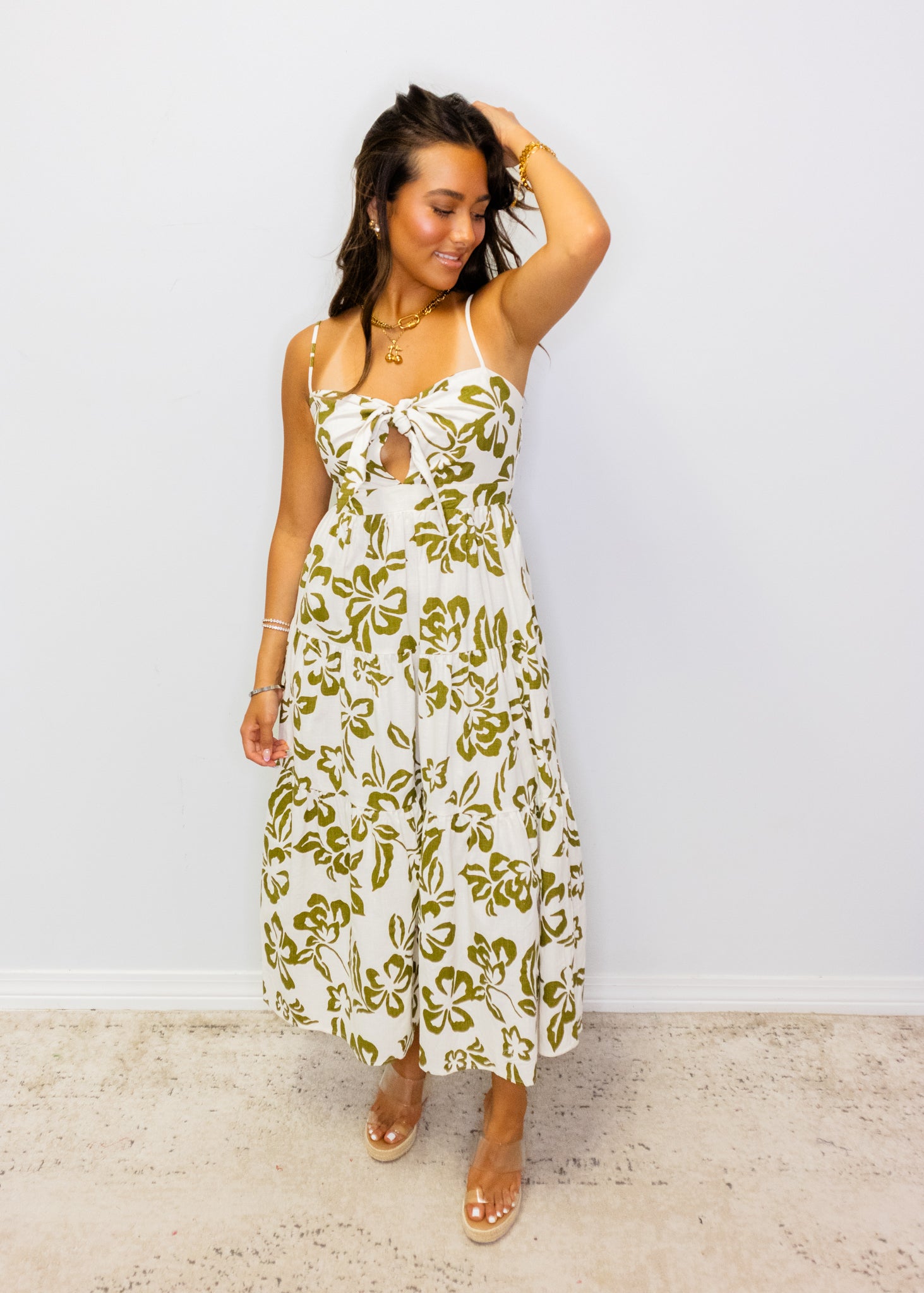 Green & White Tropical Maxi Dress