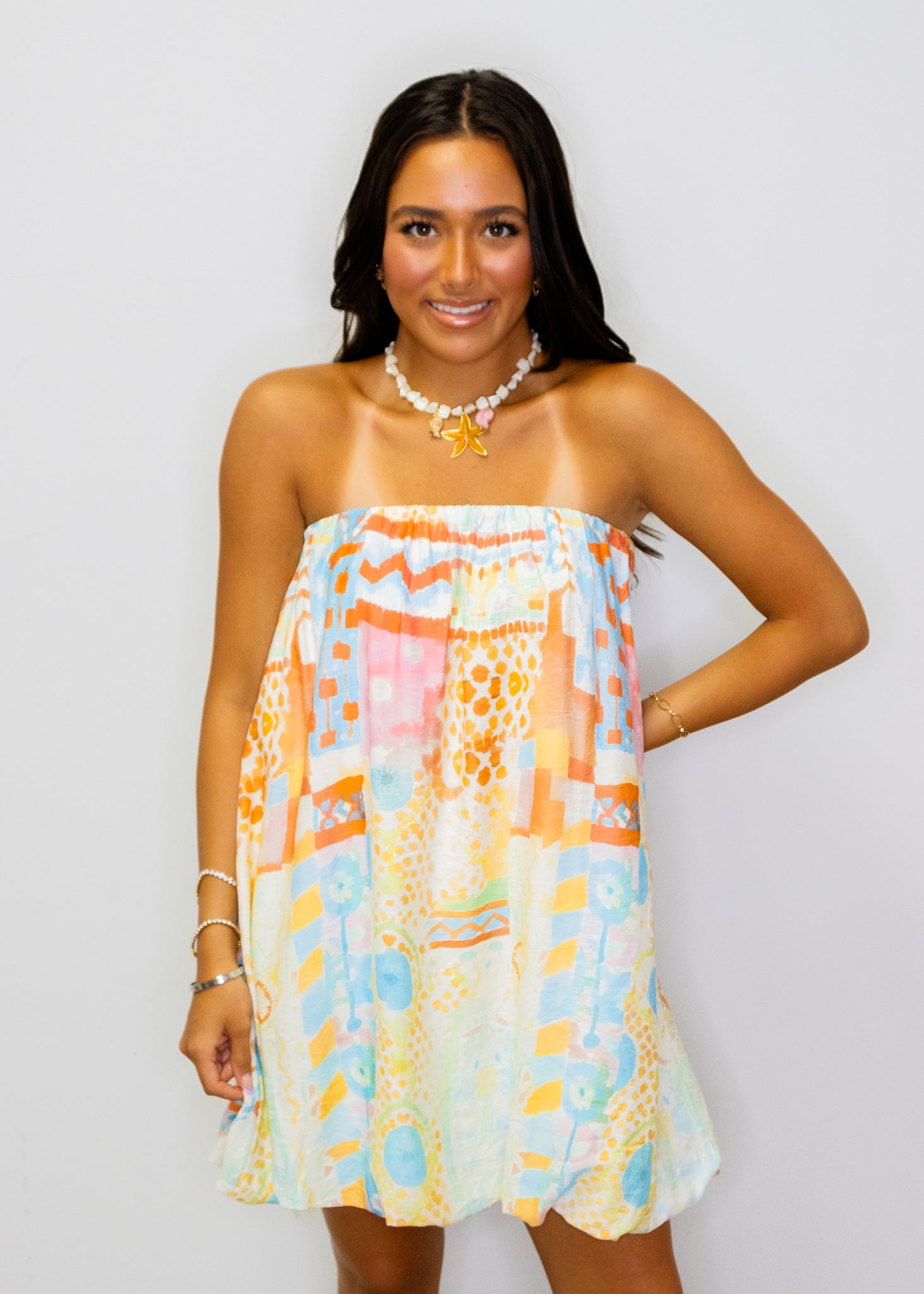 Watercolor Bubble Hem Strapless Dress