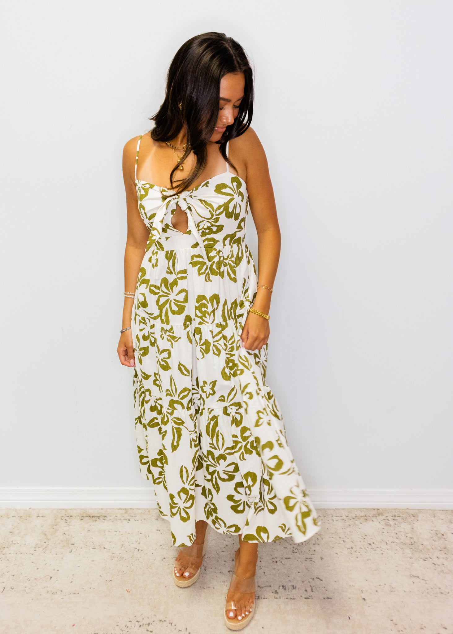 Green & White Tropical Maxi Dress