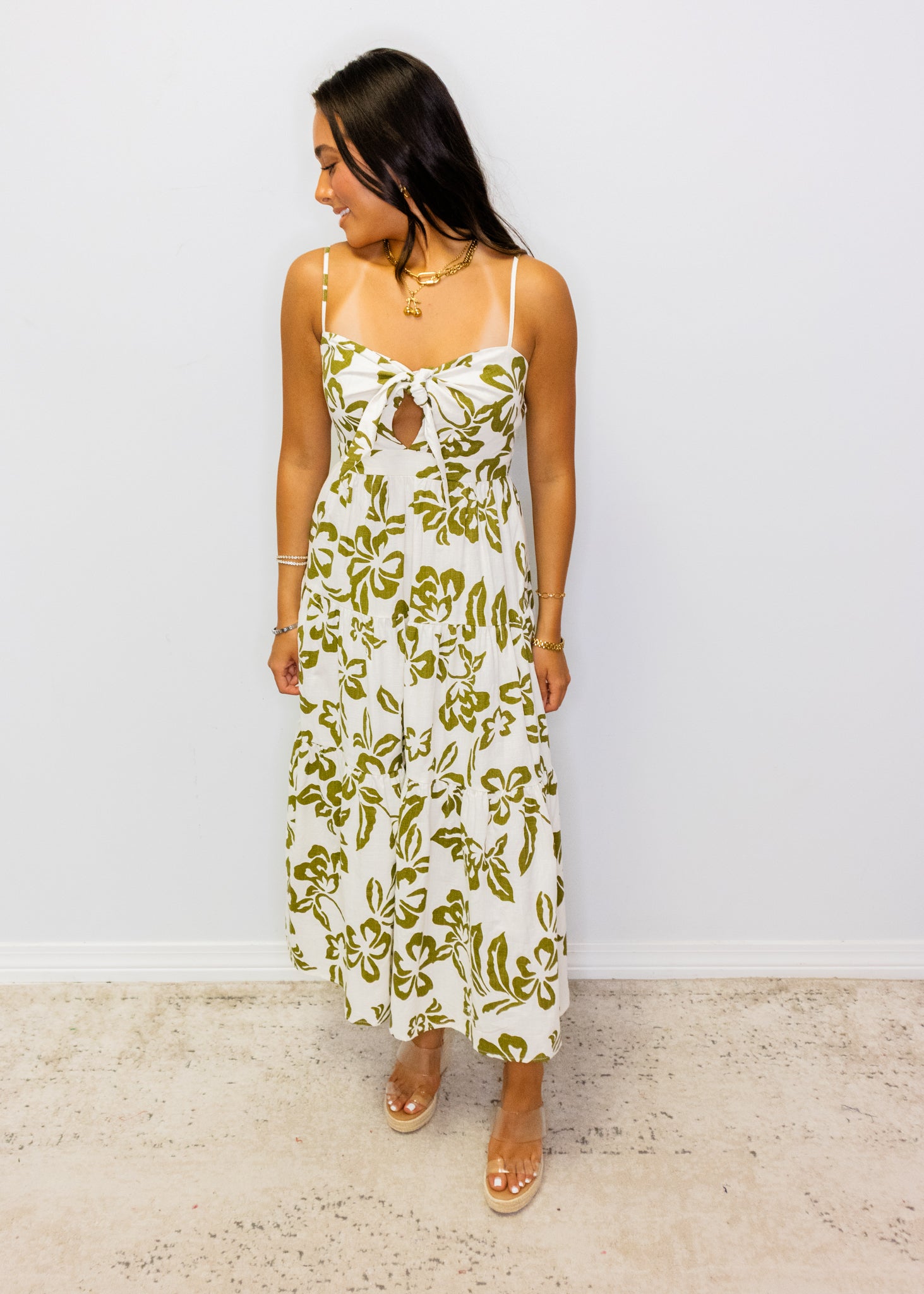 Green & White Tropical Maxi Dress