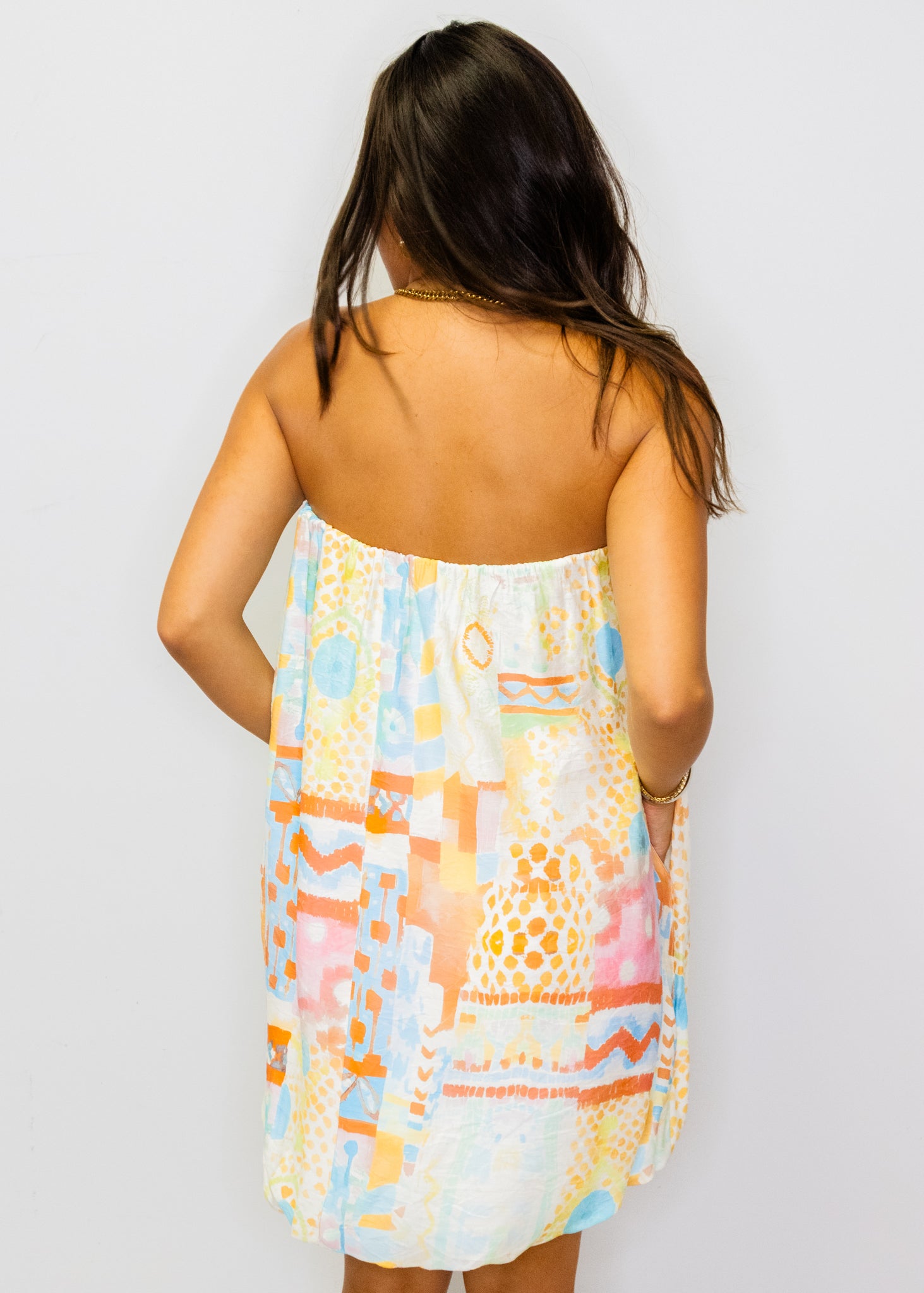 Watercolor Bubble Hem Strapless Dress