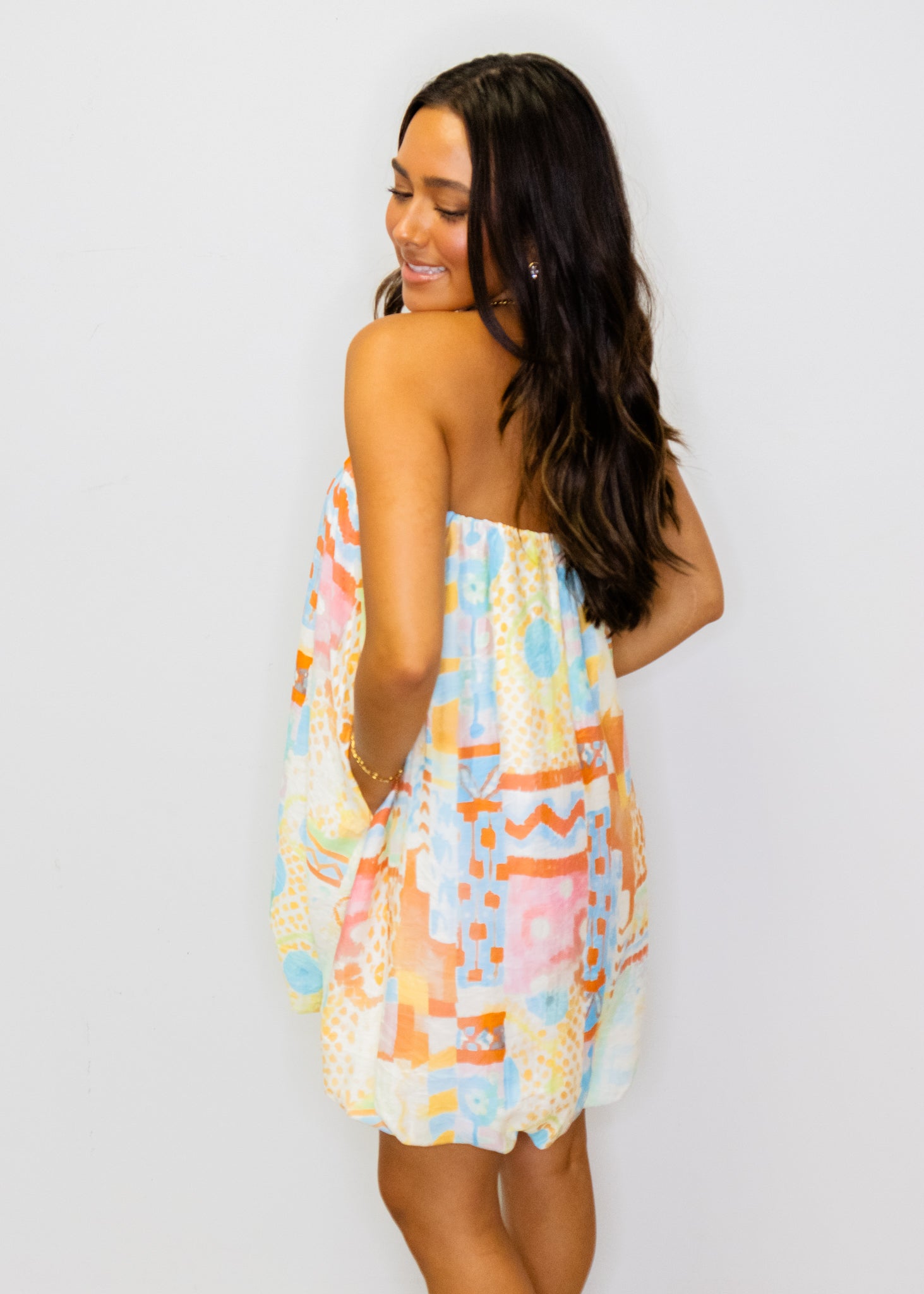 Watercolor Bubble Hem Strapless Dress