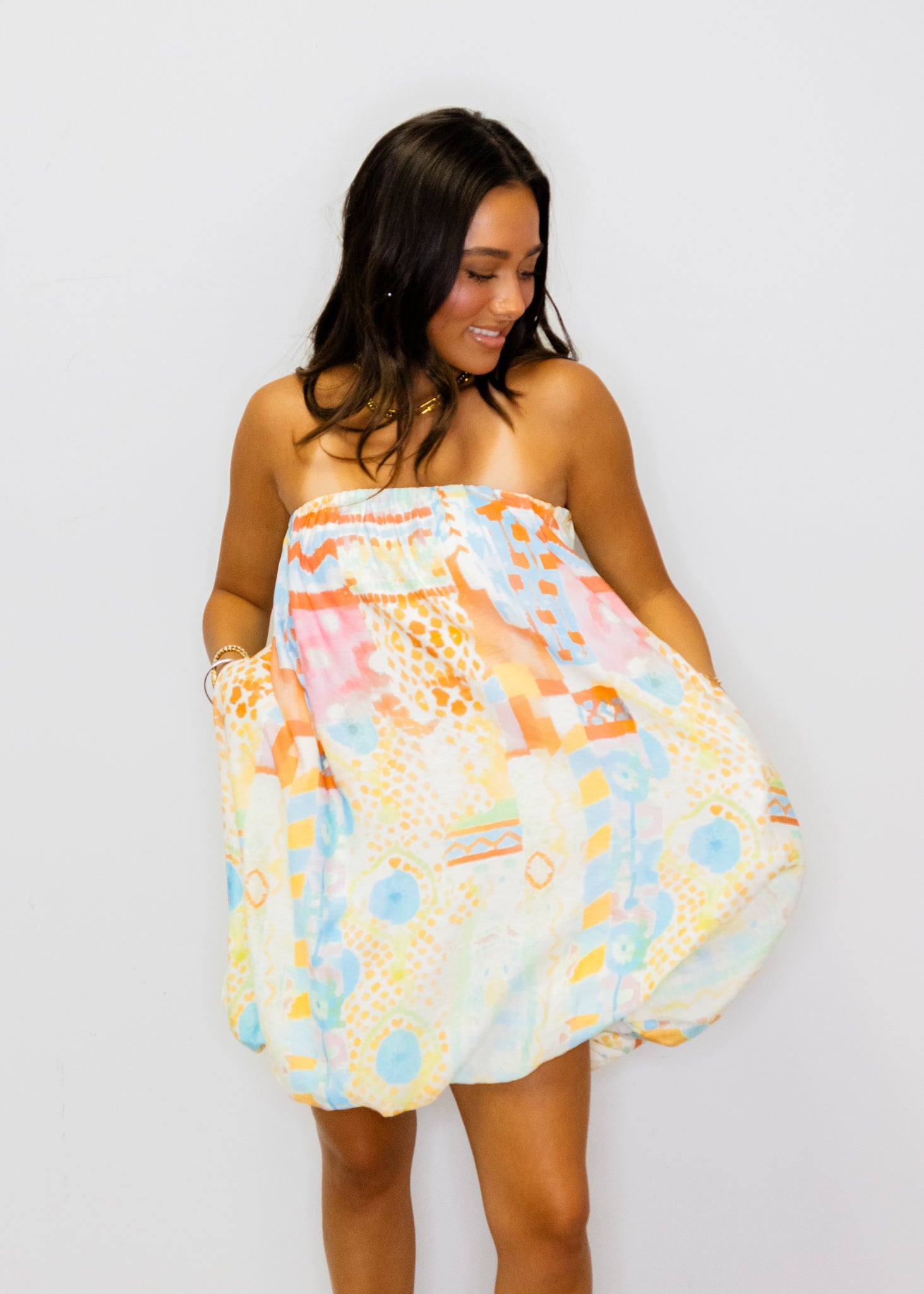 Watercolor Bubble Hem Strapless Dress