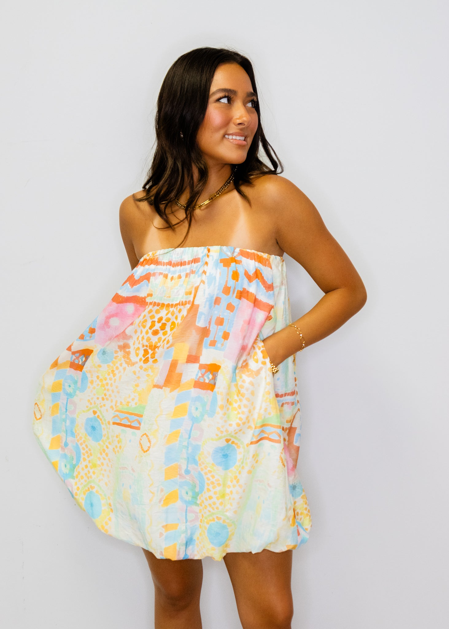 Watercolor Bubble Hem Strapless Dress