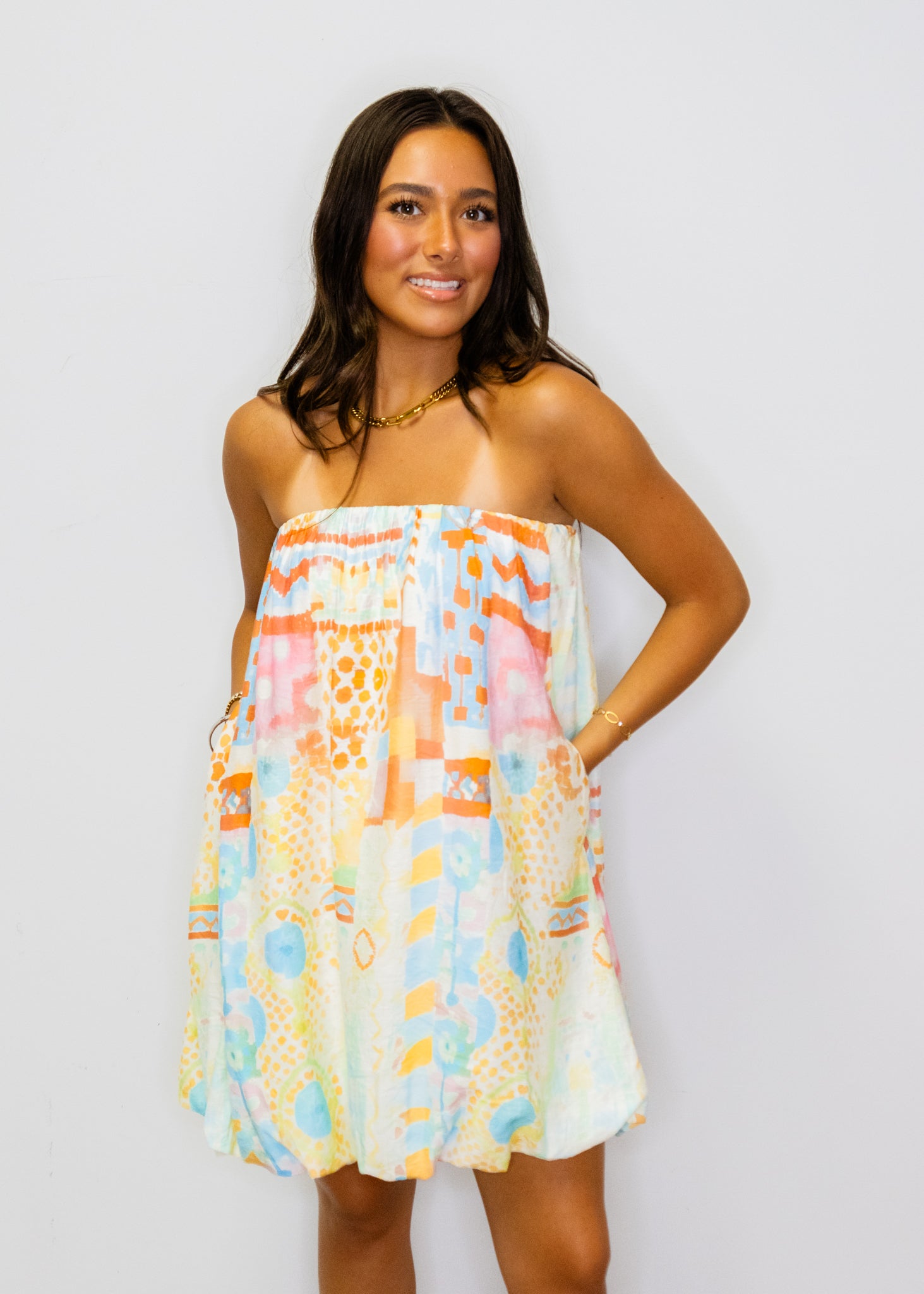 Watercolor Bubble Hem Strapless Dress