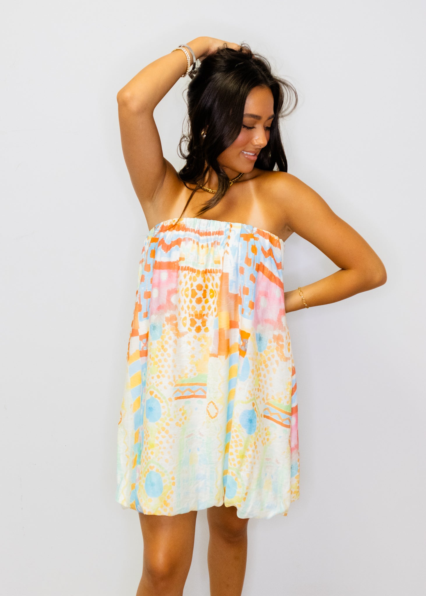 Watercolor Bubble Hem Strapless Dress