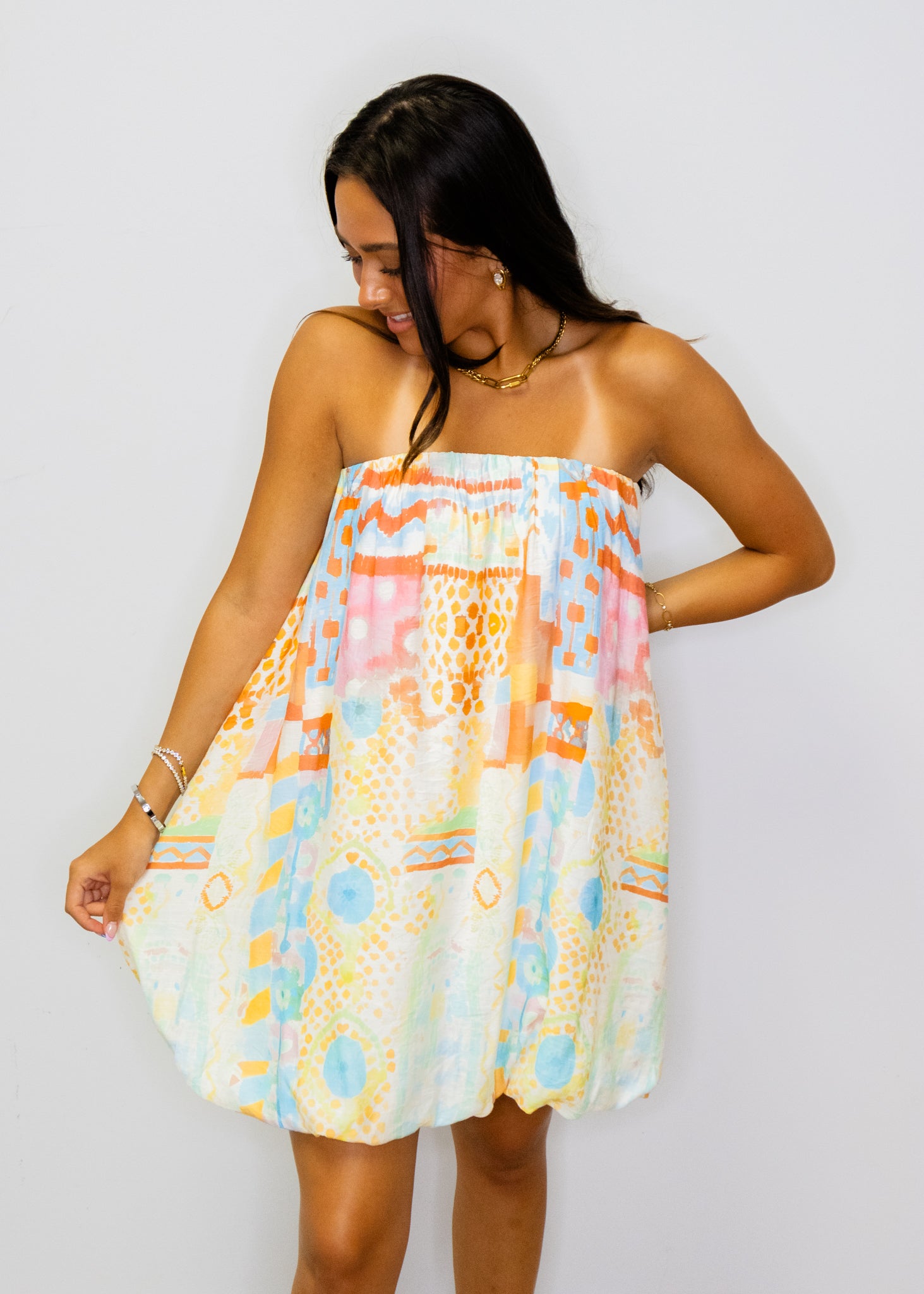 Watercolor Bubble Hem Strapless Dress