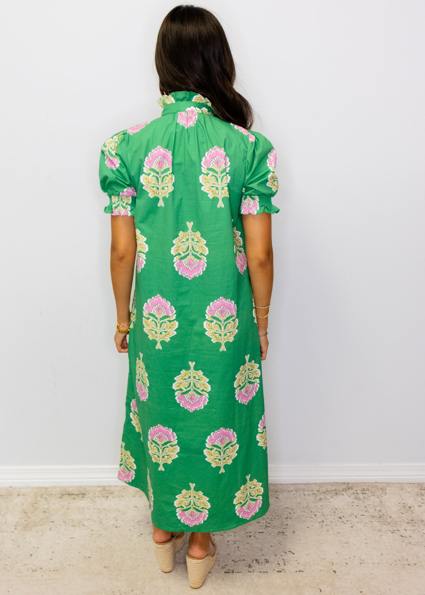 Green Floral Ruffle Collar Midi Dress