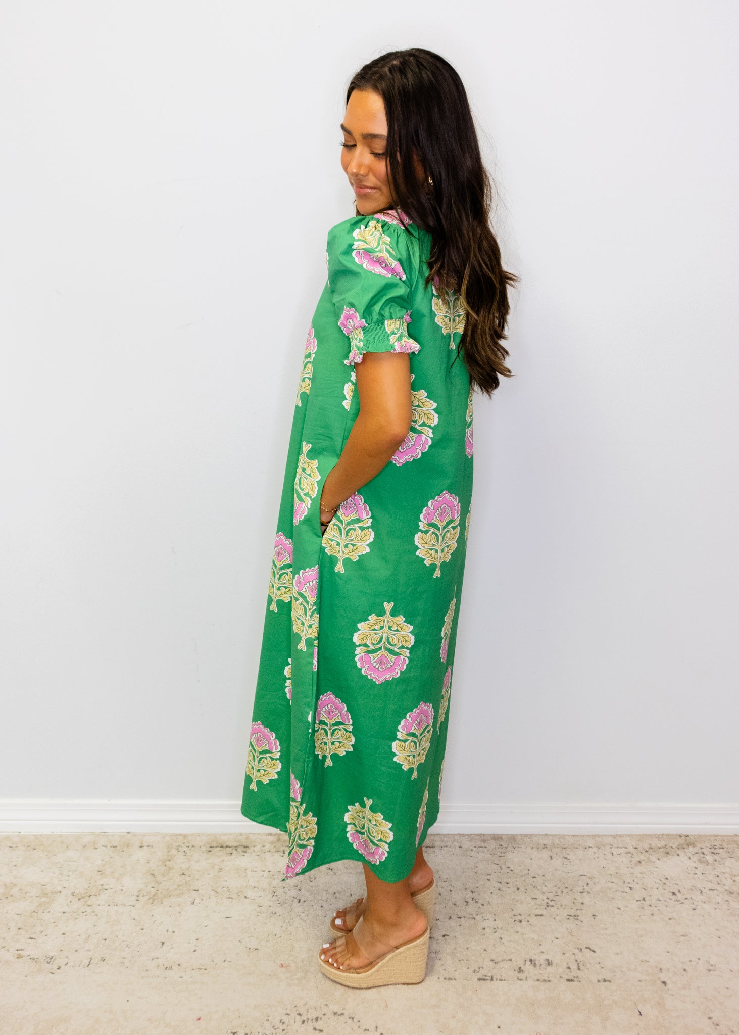 Green Floral Ruffle Collar Midi Dress