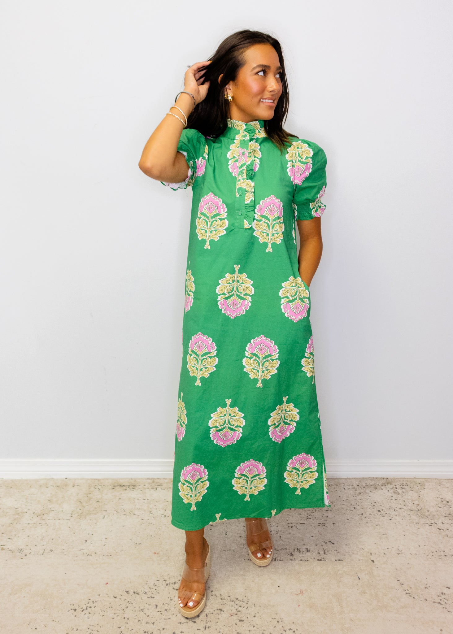 Green Floral Ruffle Collar Midi Dress