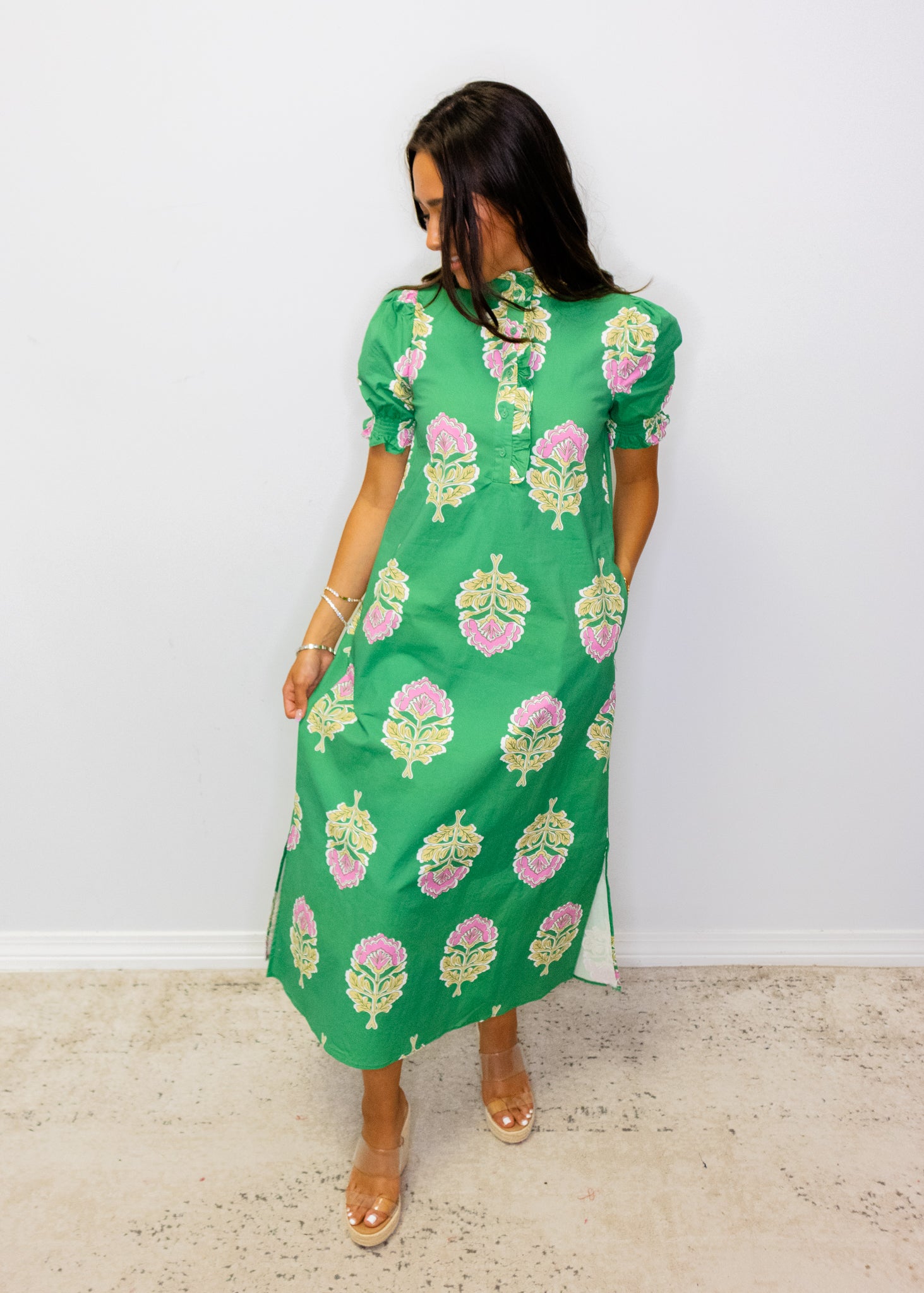 Green Floral Ruffle Collar Midi Dress
