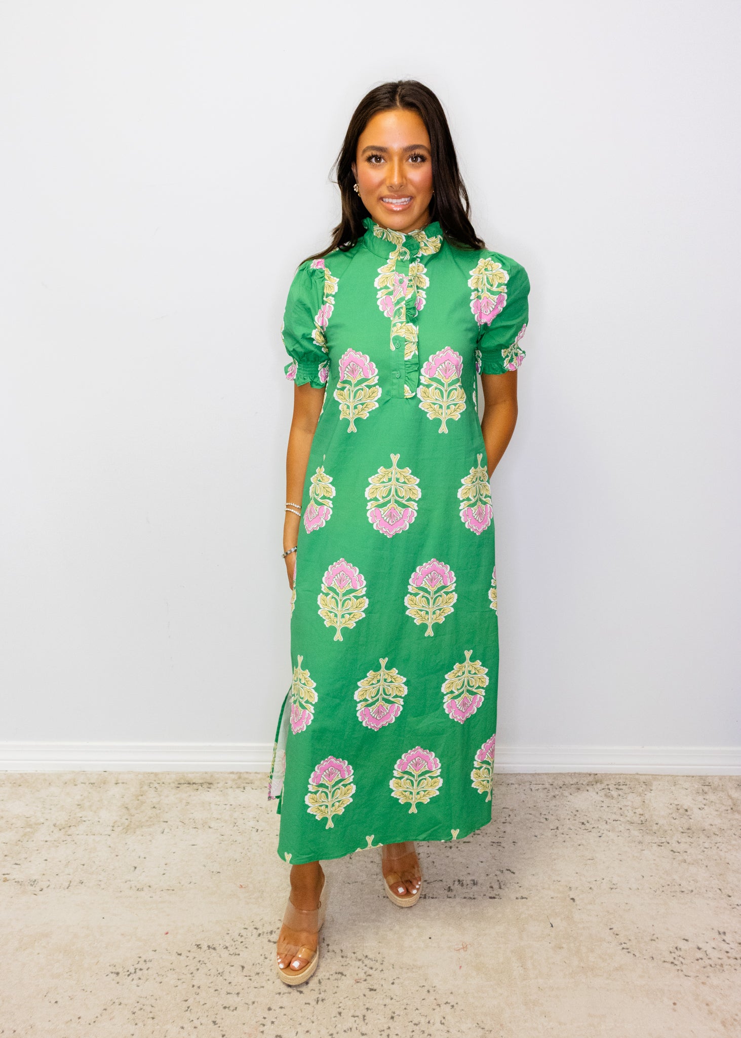 Green Floral Ruffle Collar Midi Dress