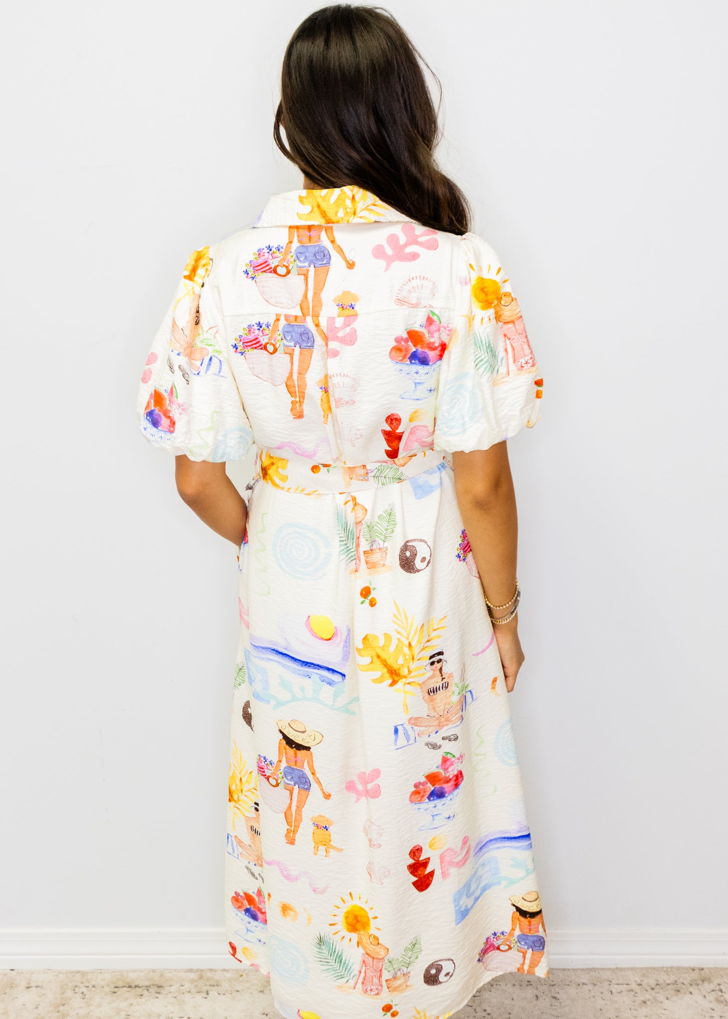 White Beach Print Midi Dress