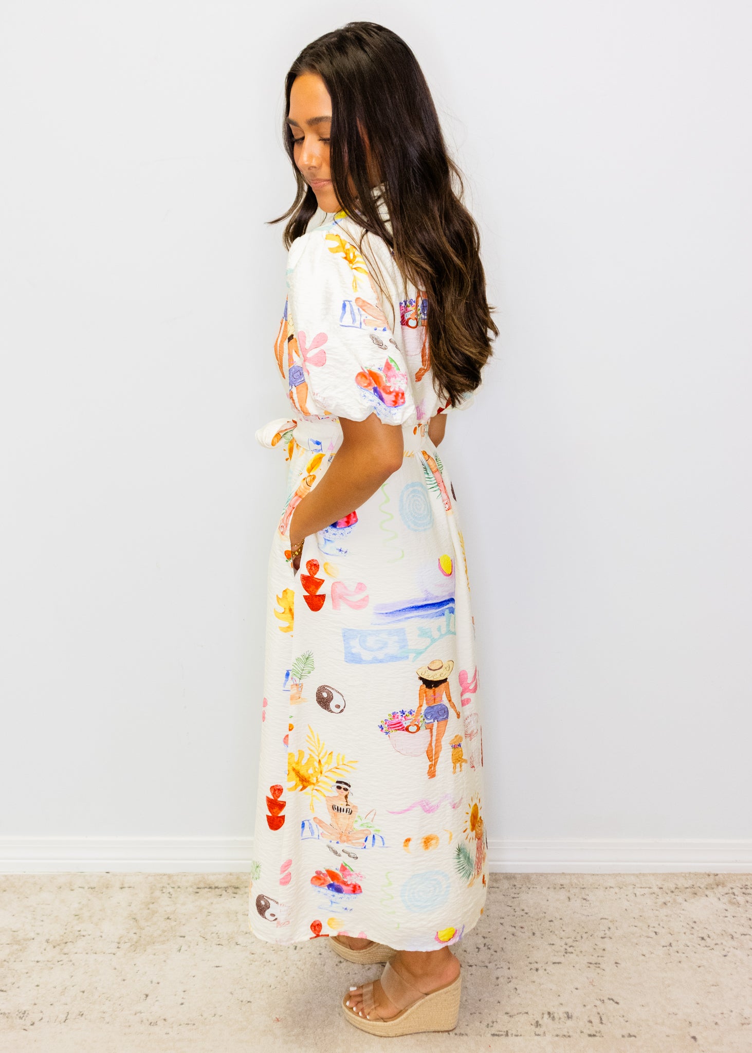 White Beach Print Midi Dress