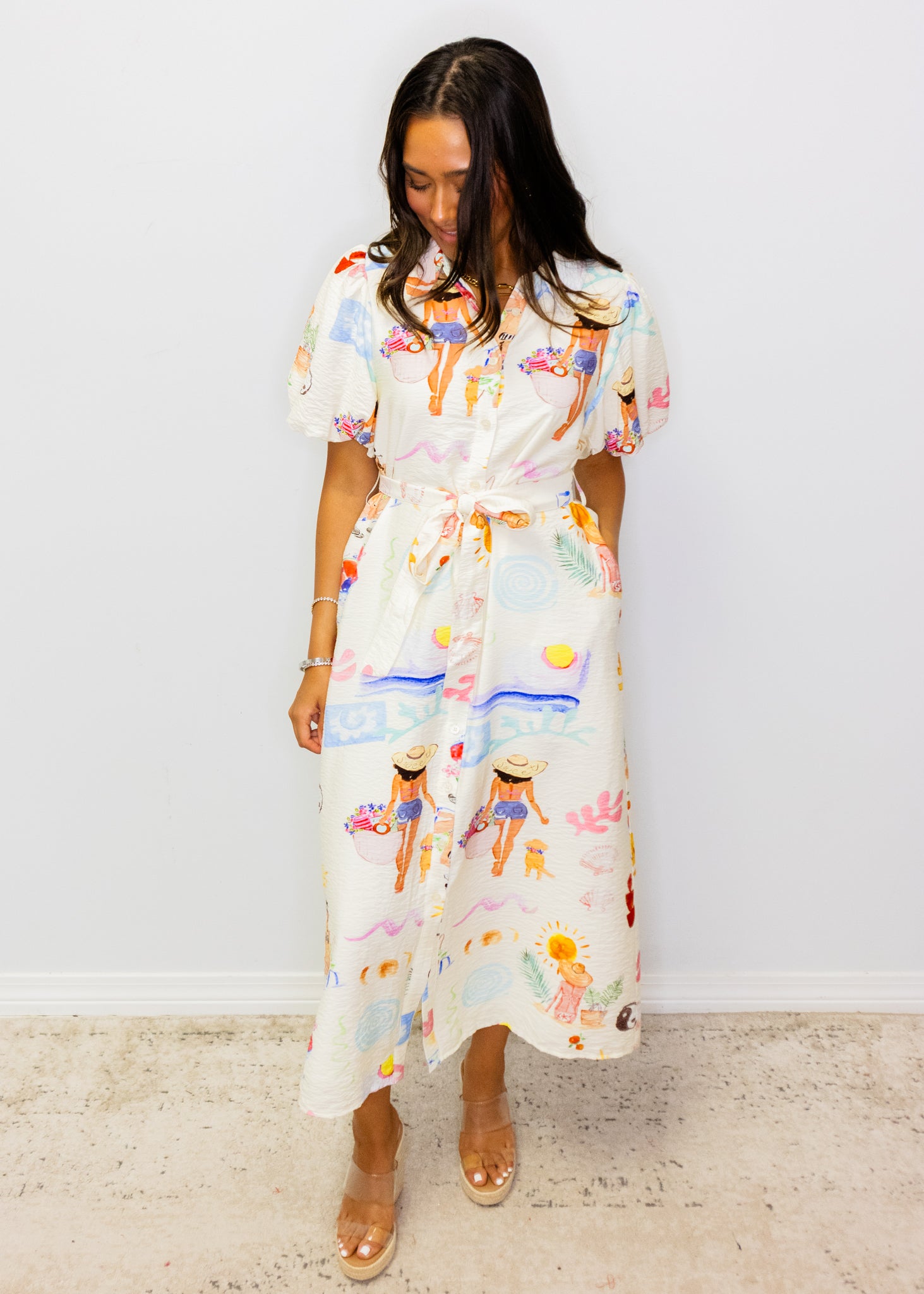 White Beach Print Midi Dress