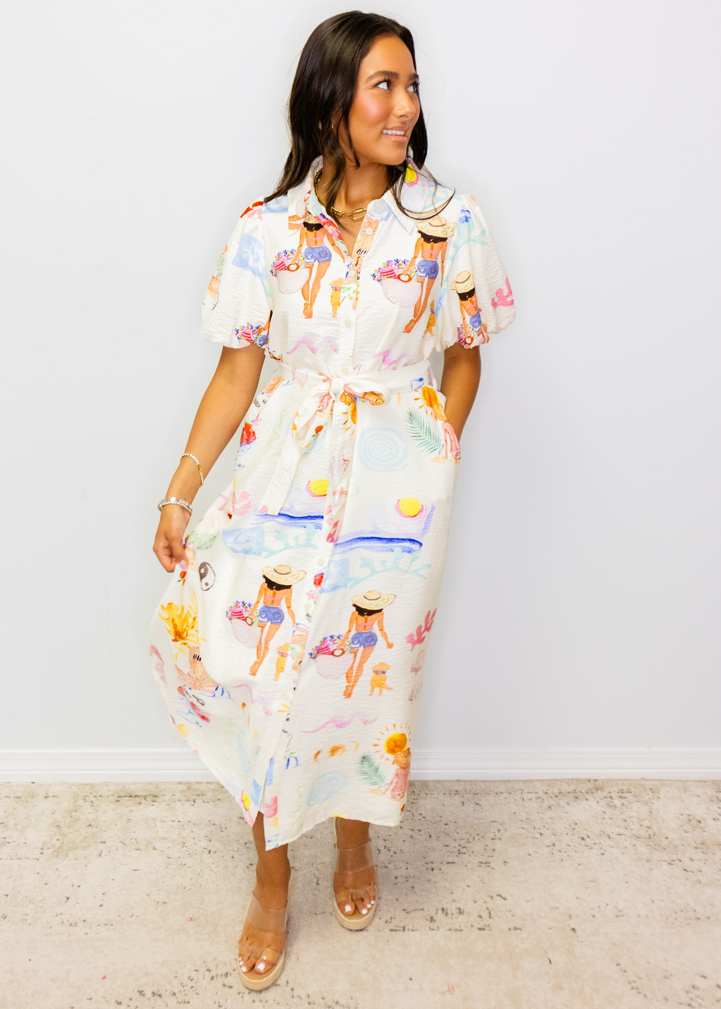 White Beach Print Midi Dress