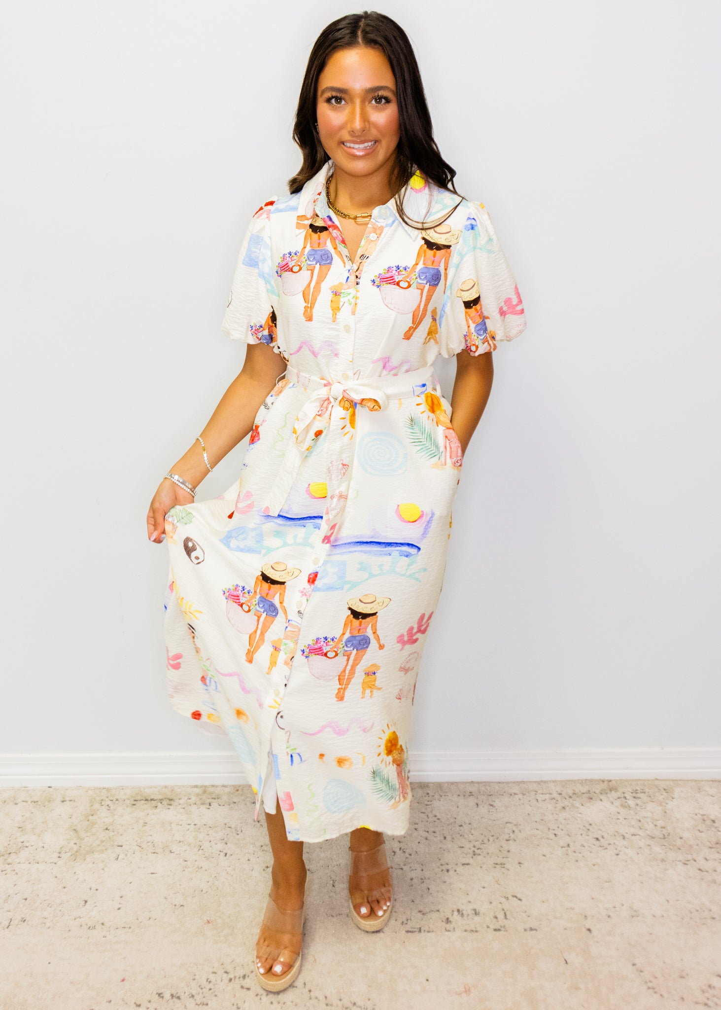 White Beach Print Midi Dress