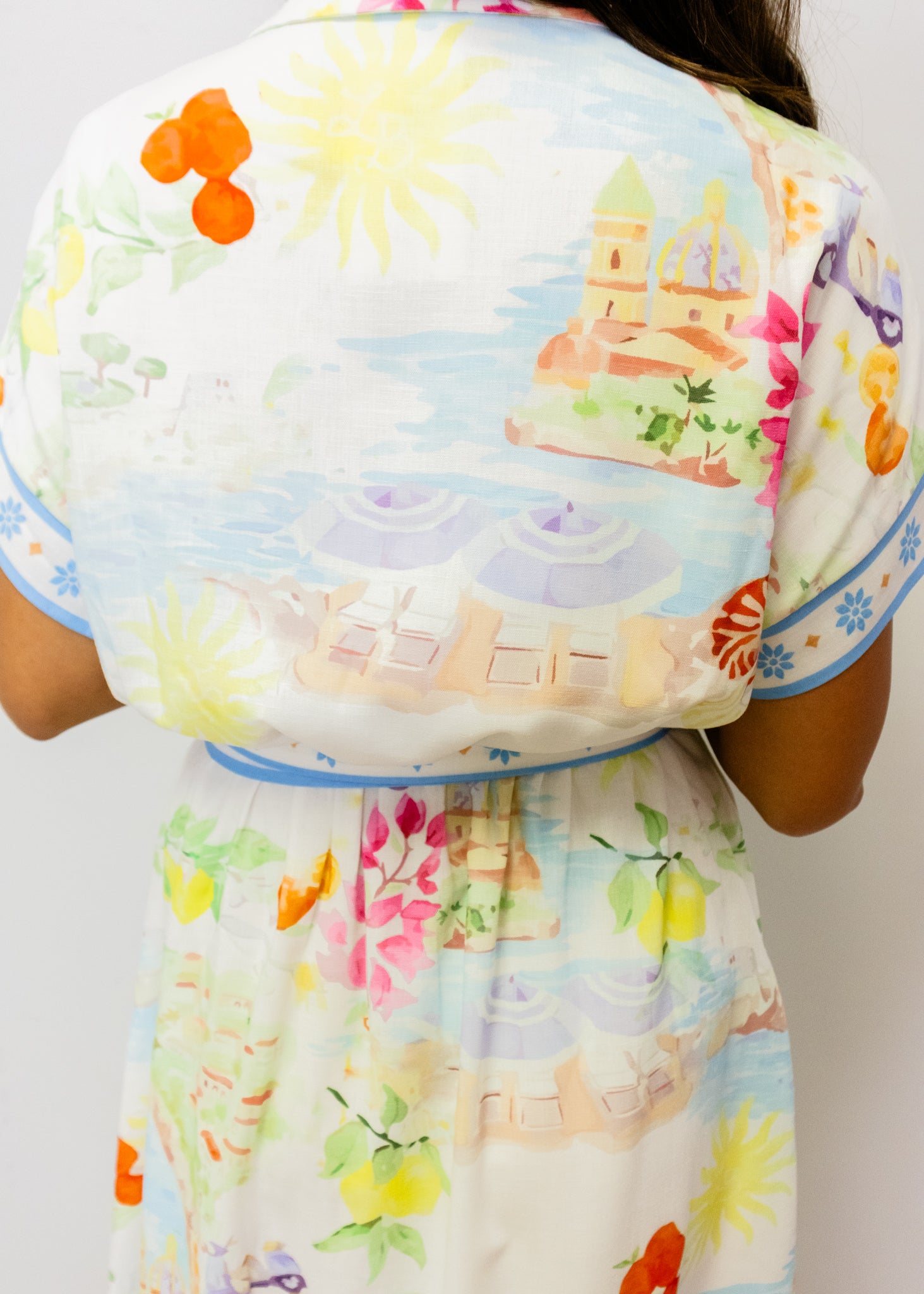 Watercolor Scenic Print Tie Waist Midi Dress