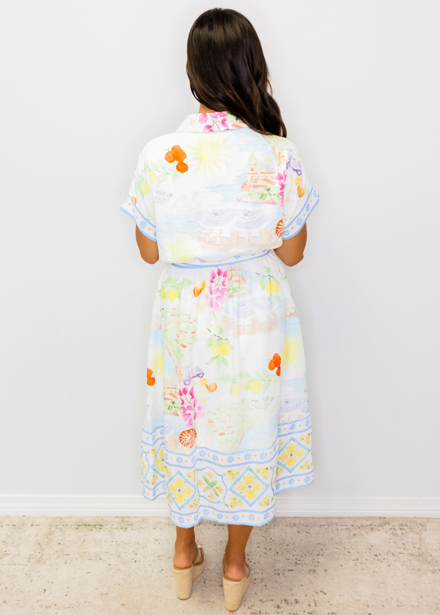 Watercolor Scenic Print Tie Waist Midi Dress