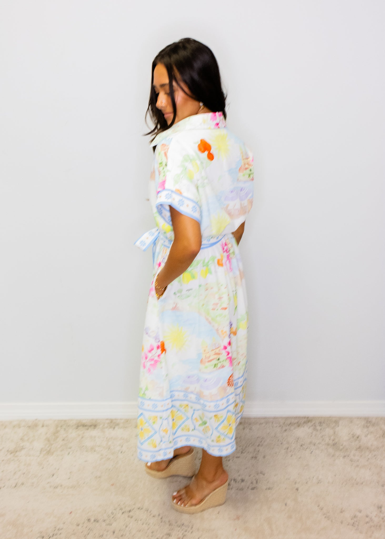 Watercolor Scenic Print Tie Waist Midi Dress