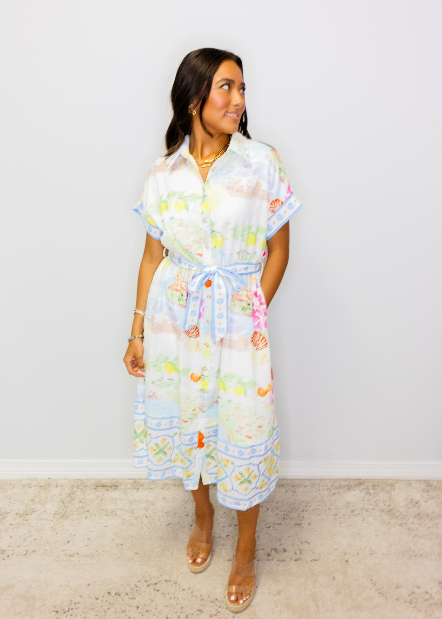 Watercolor Scenic Print Tie Waist Midi Dress