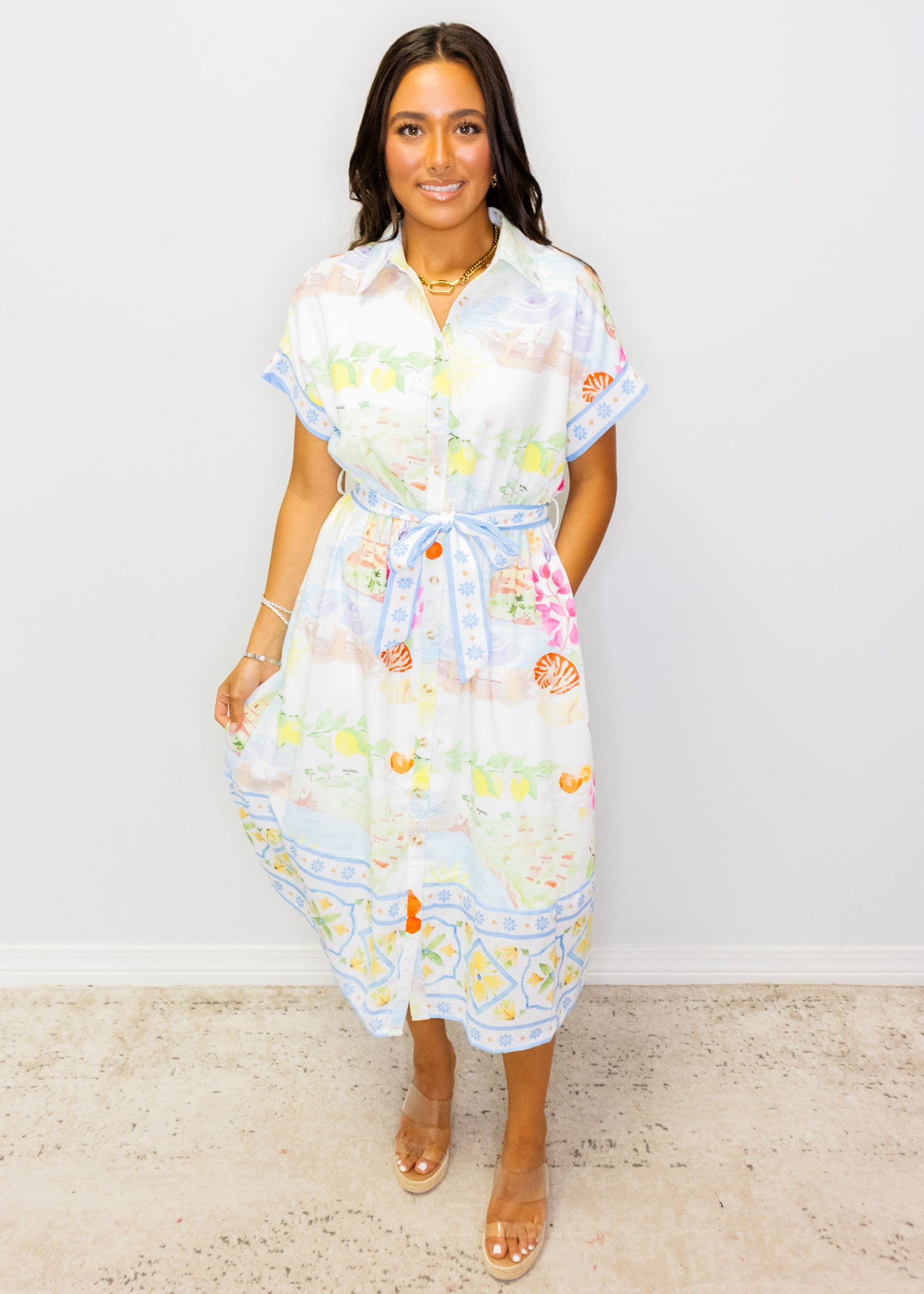 Watercolor Scenic Print Tie Waist Midi Dress