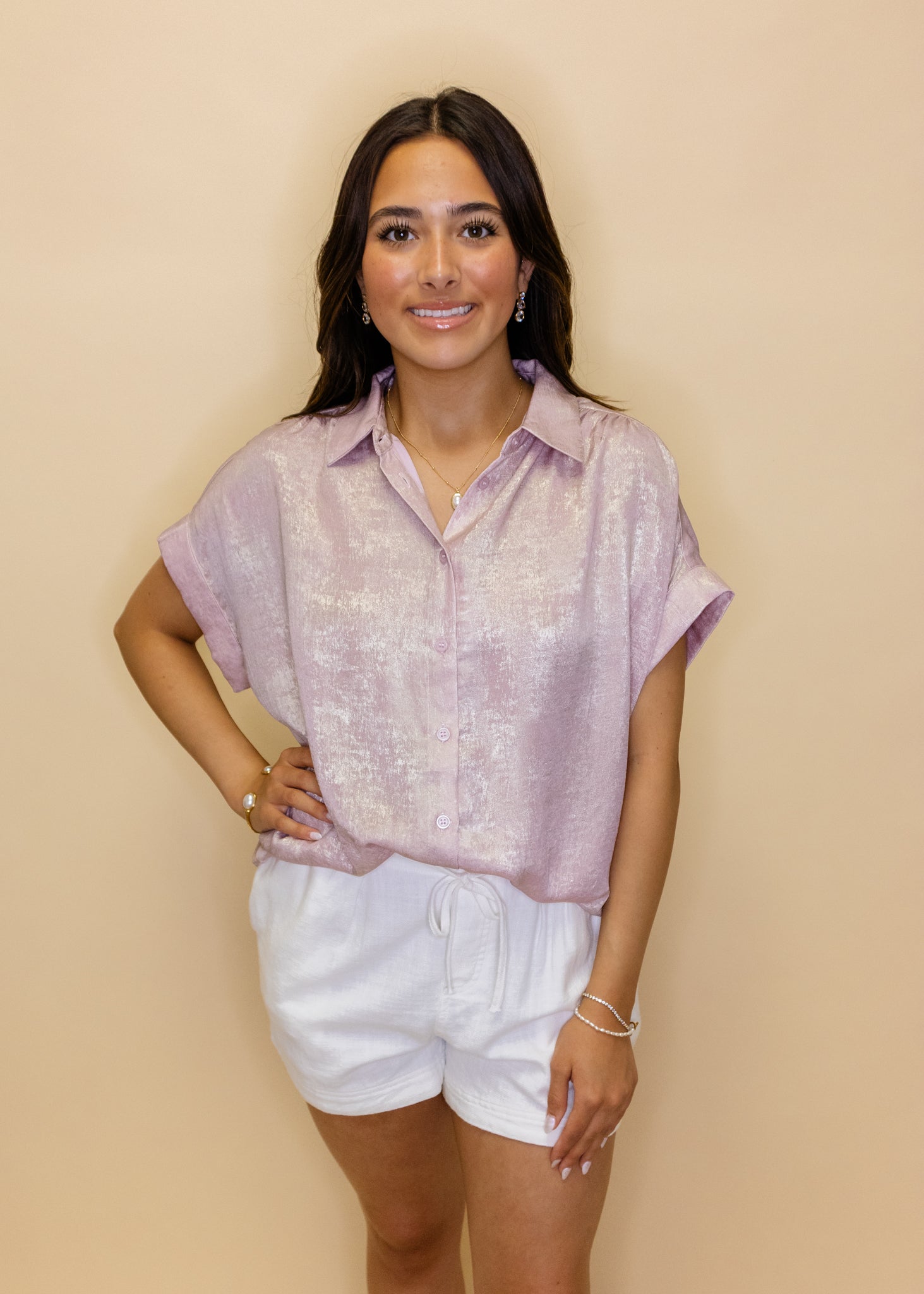 Blush Metallic Button Up Top