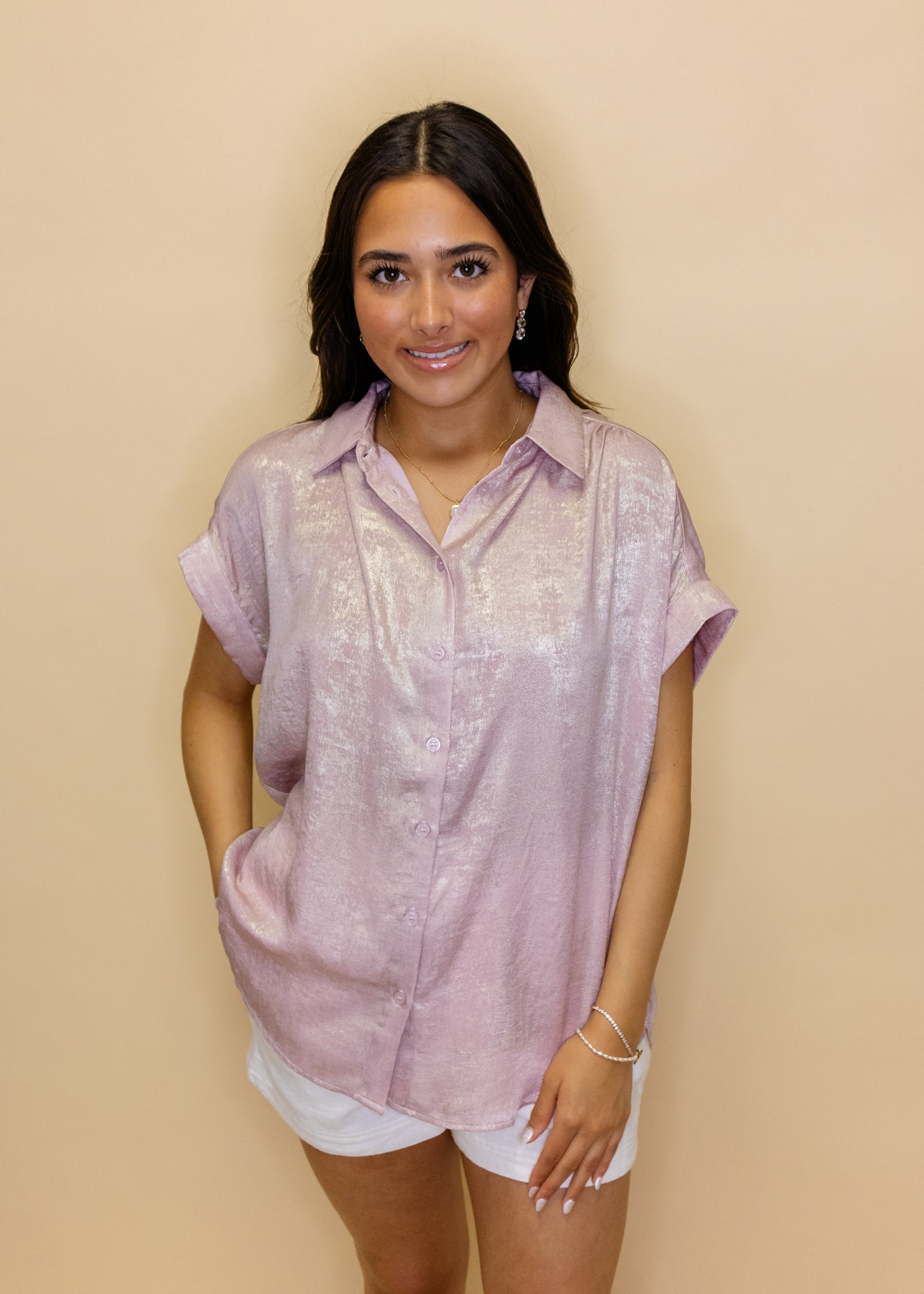 Blush Metallic Button Up Top
