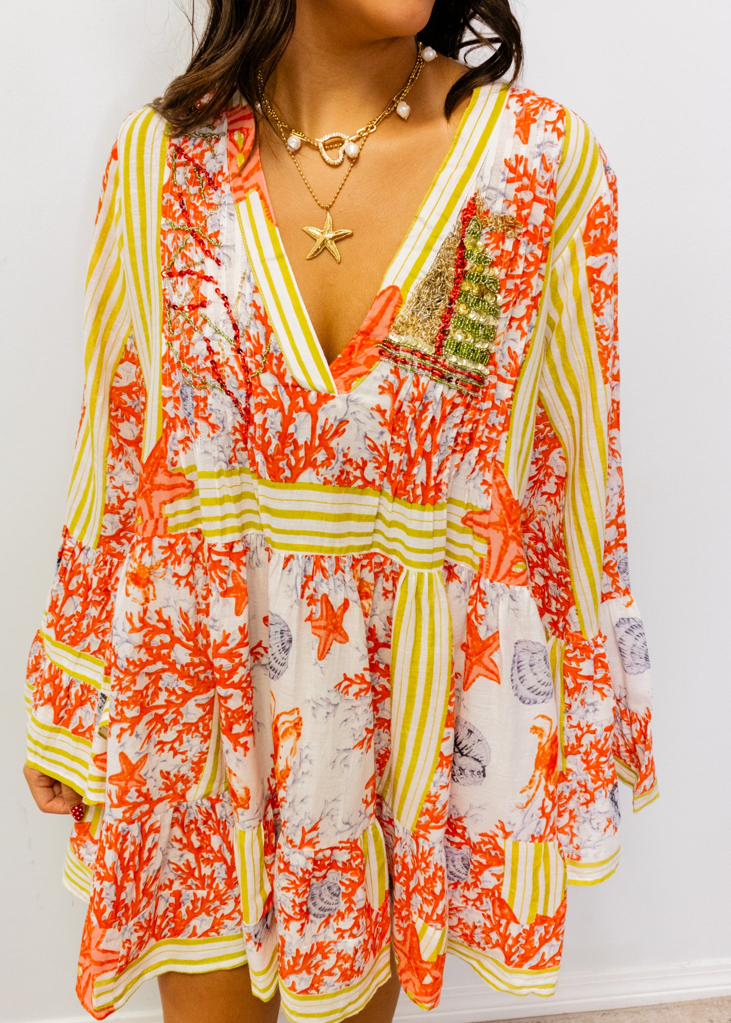 Coral Multi Beaded V-Neck Dress