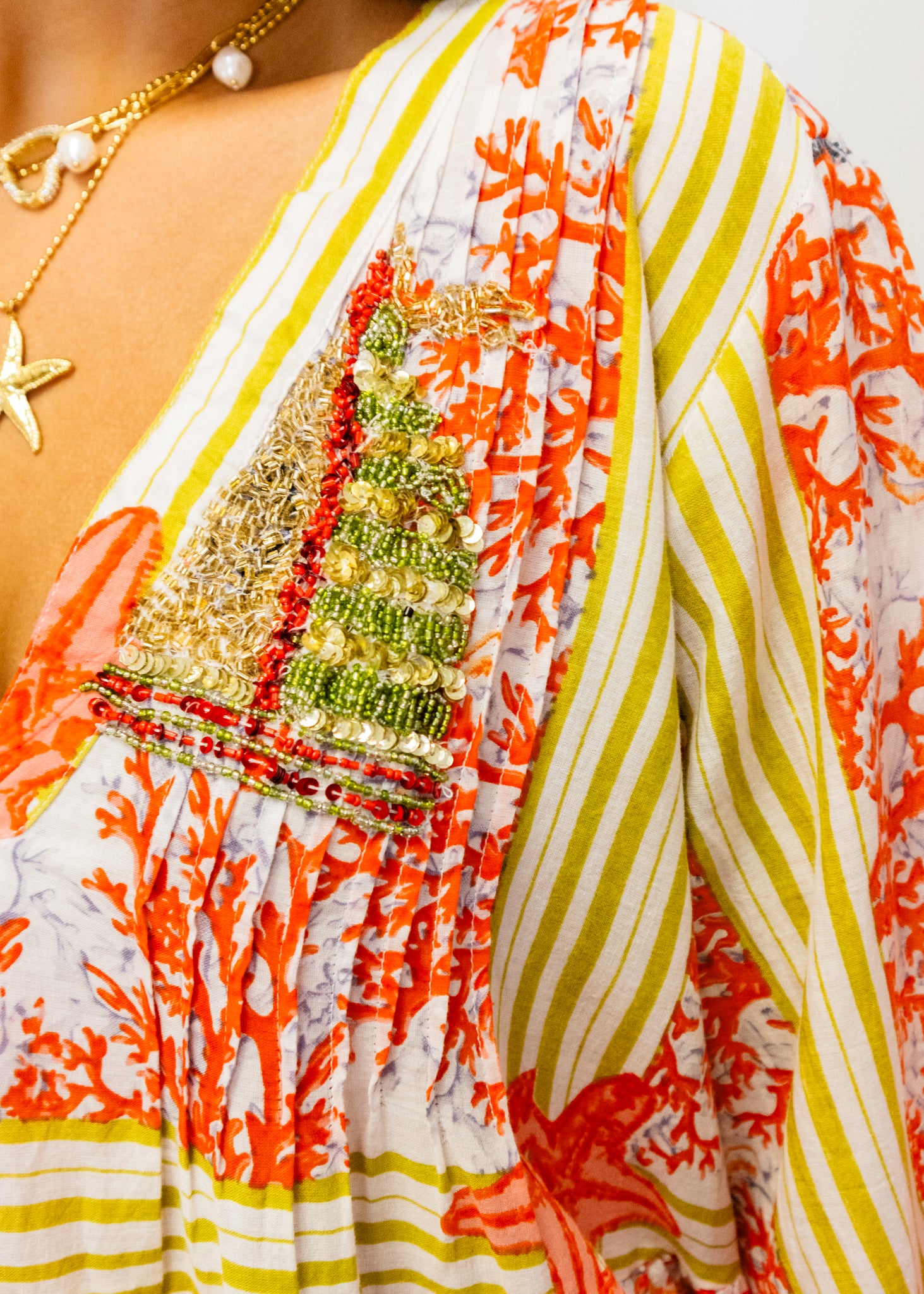 Coral Multi Beaded V-Neck Dress