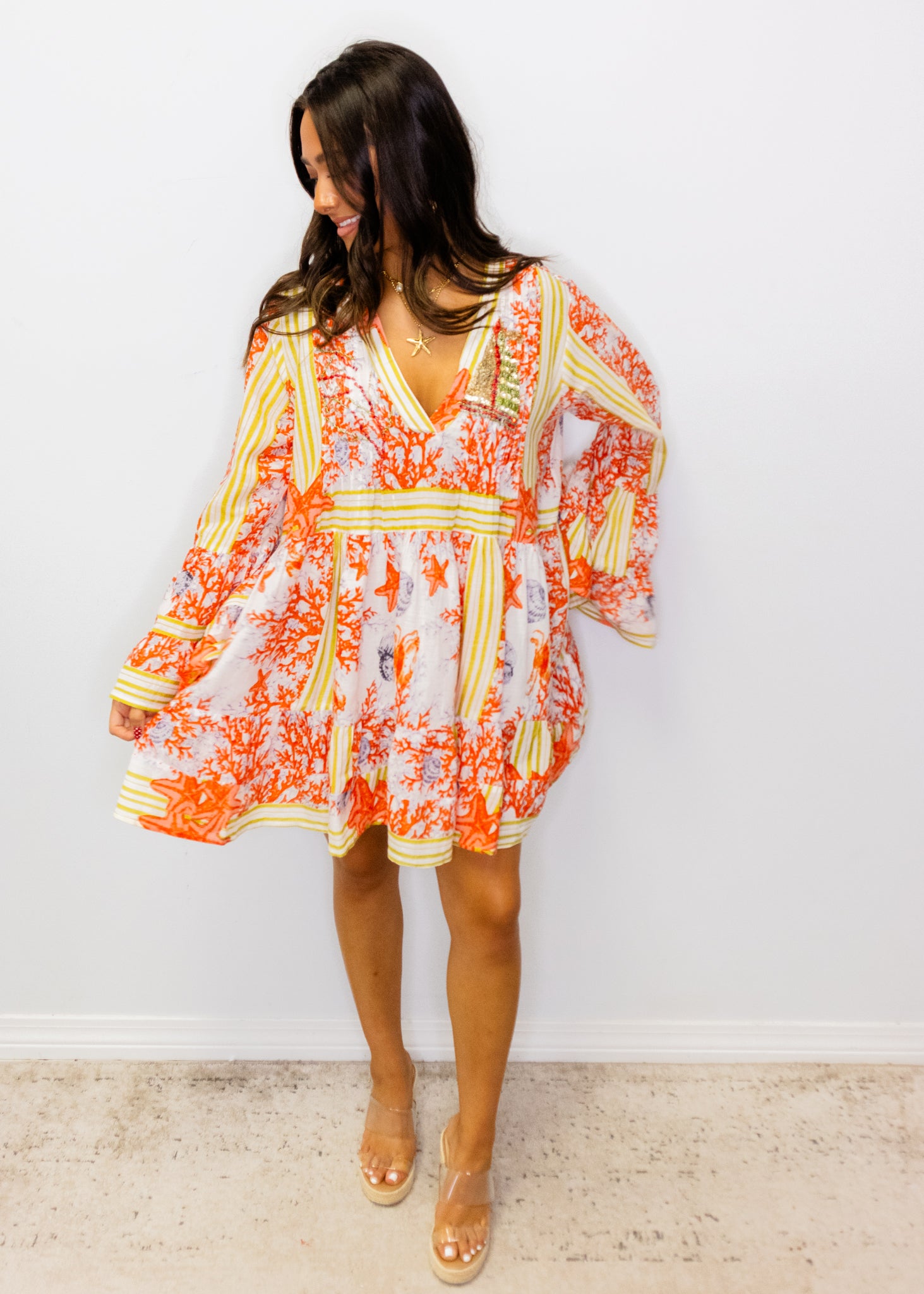 Coral Multi Beaded V-Neck Dress