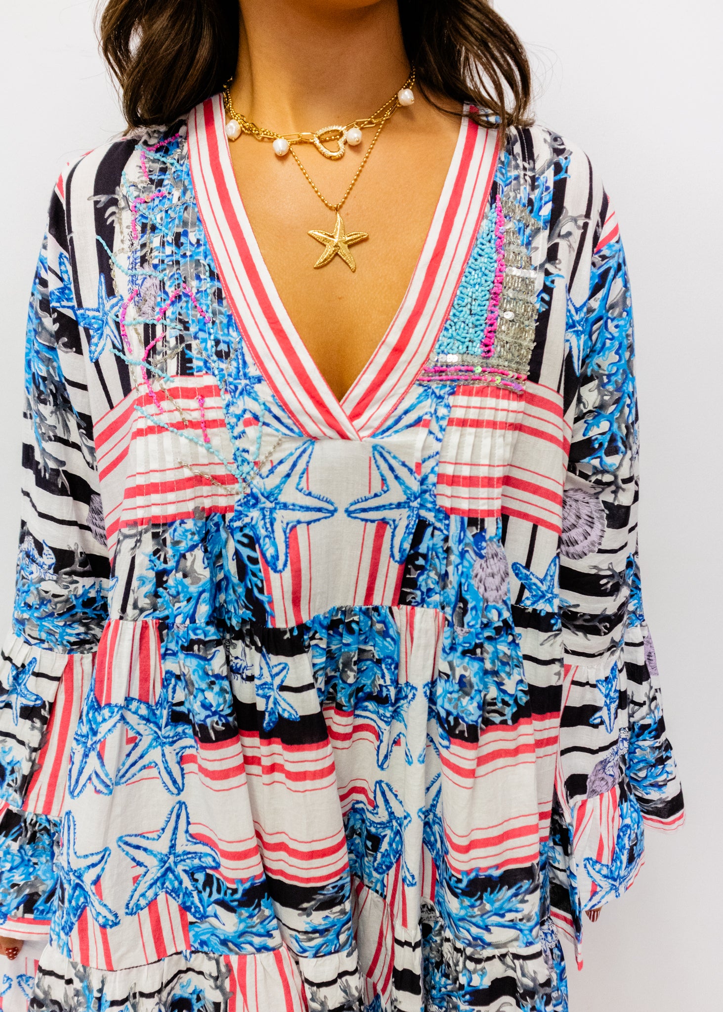 Blue Multi Beaded V-Neck Dress