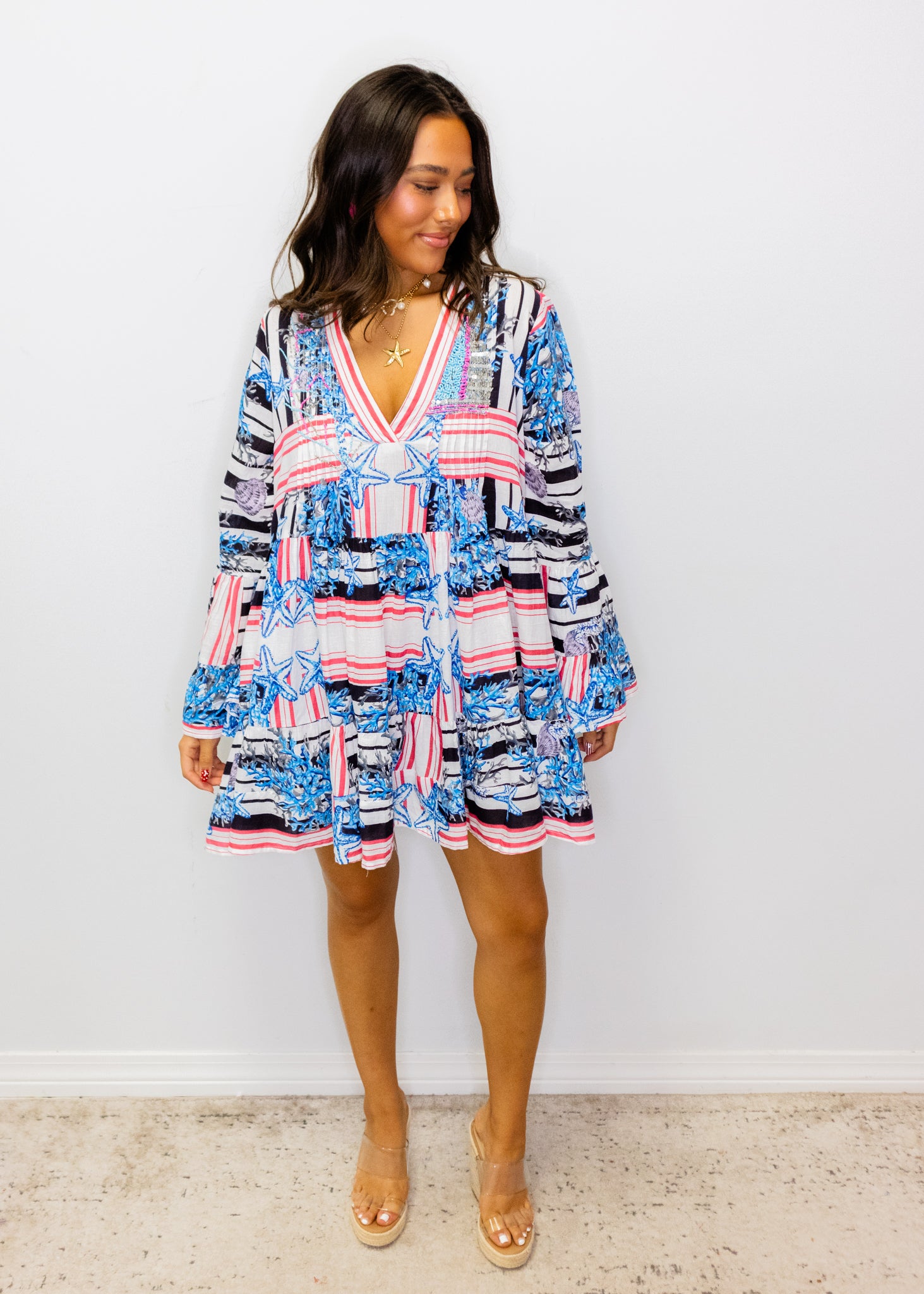 Blue Multi Beaded V-Neck Dress