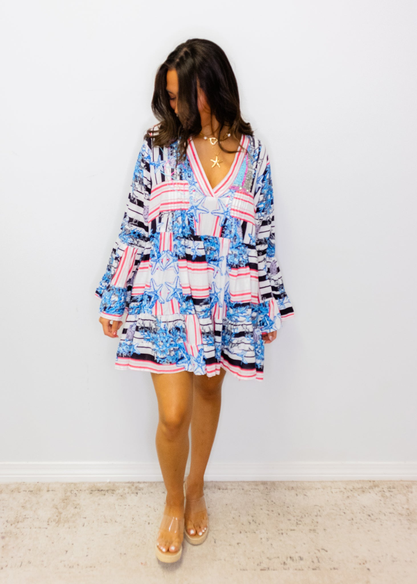 Blue Multi Beaded V-Neck Dress