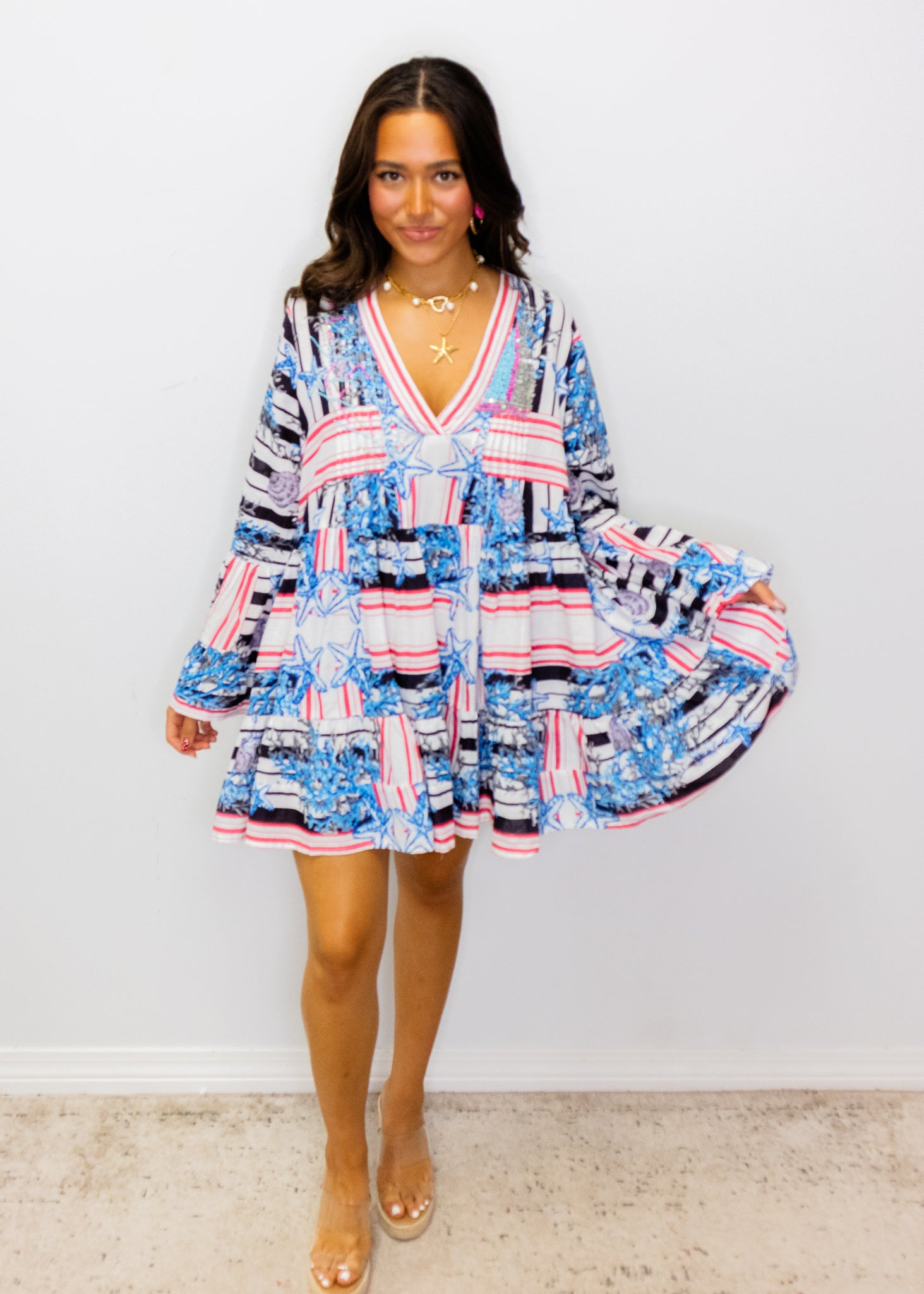 Blue Multi Beaded V-Neck Dress